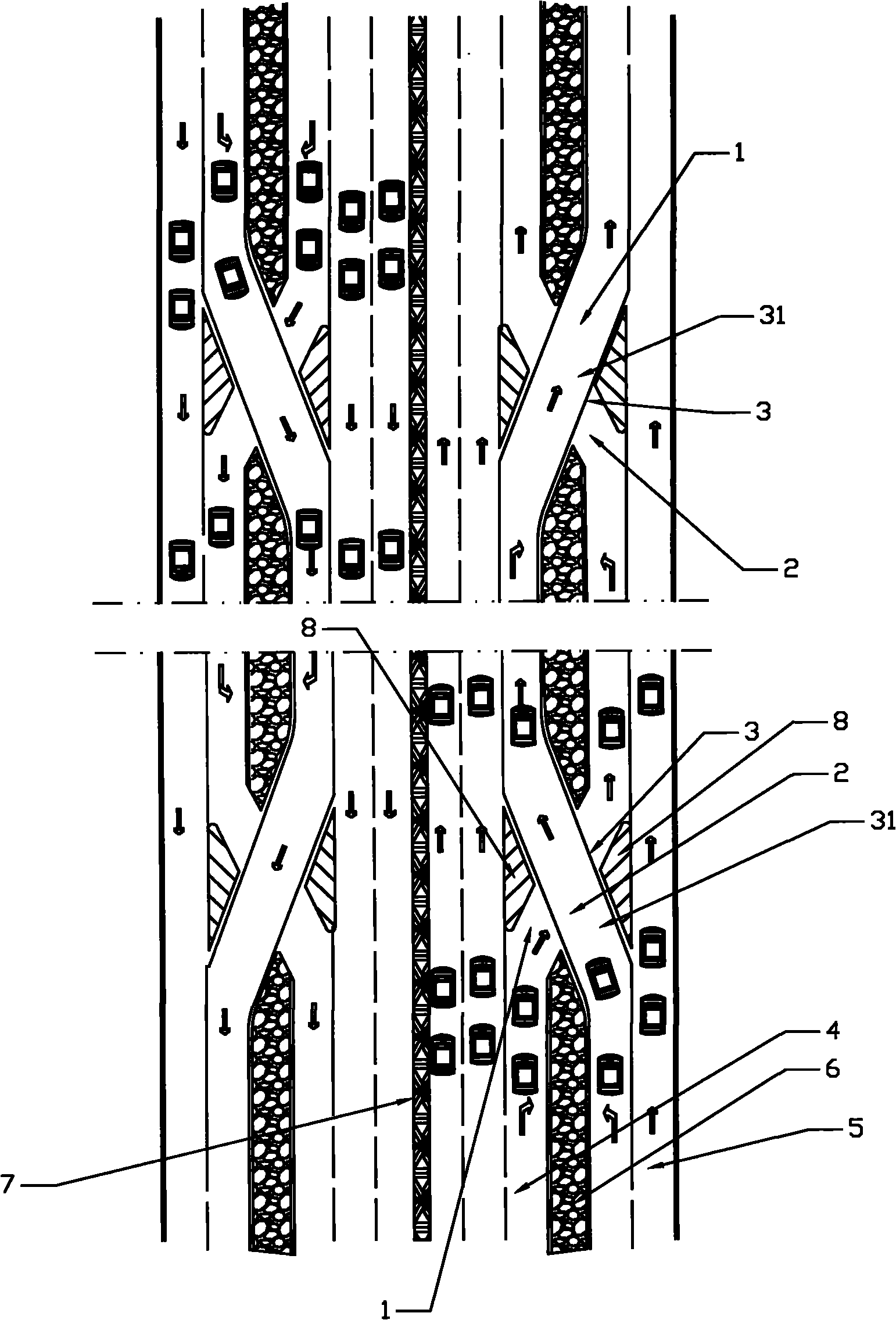 Balance bridge at entrance and exit of main and auxiliary roads and method for easing traffic jam