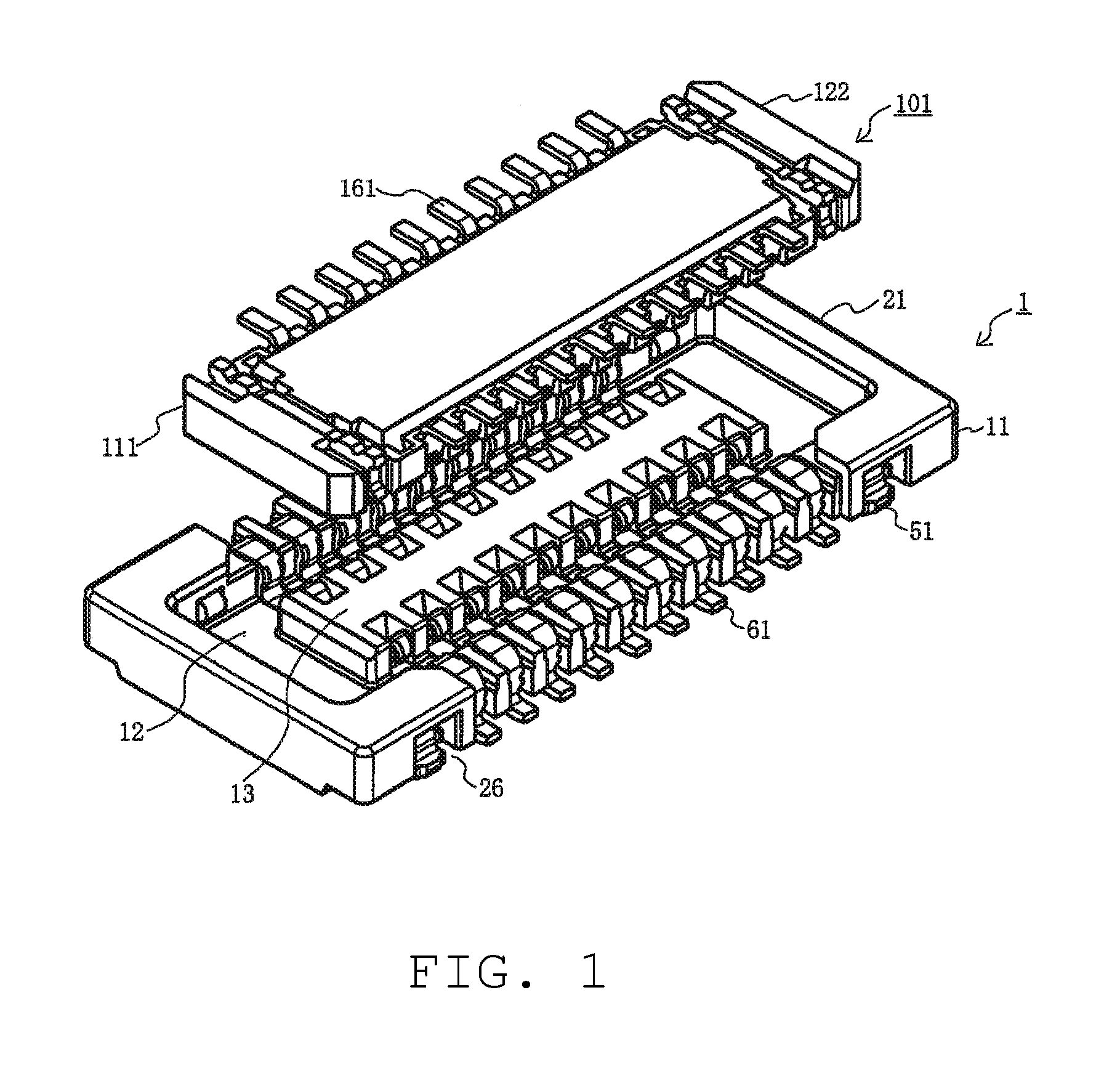 Board-to-board connector having a sidewall portion with a sloped guide surface with cut out