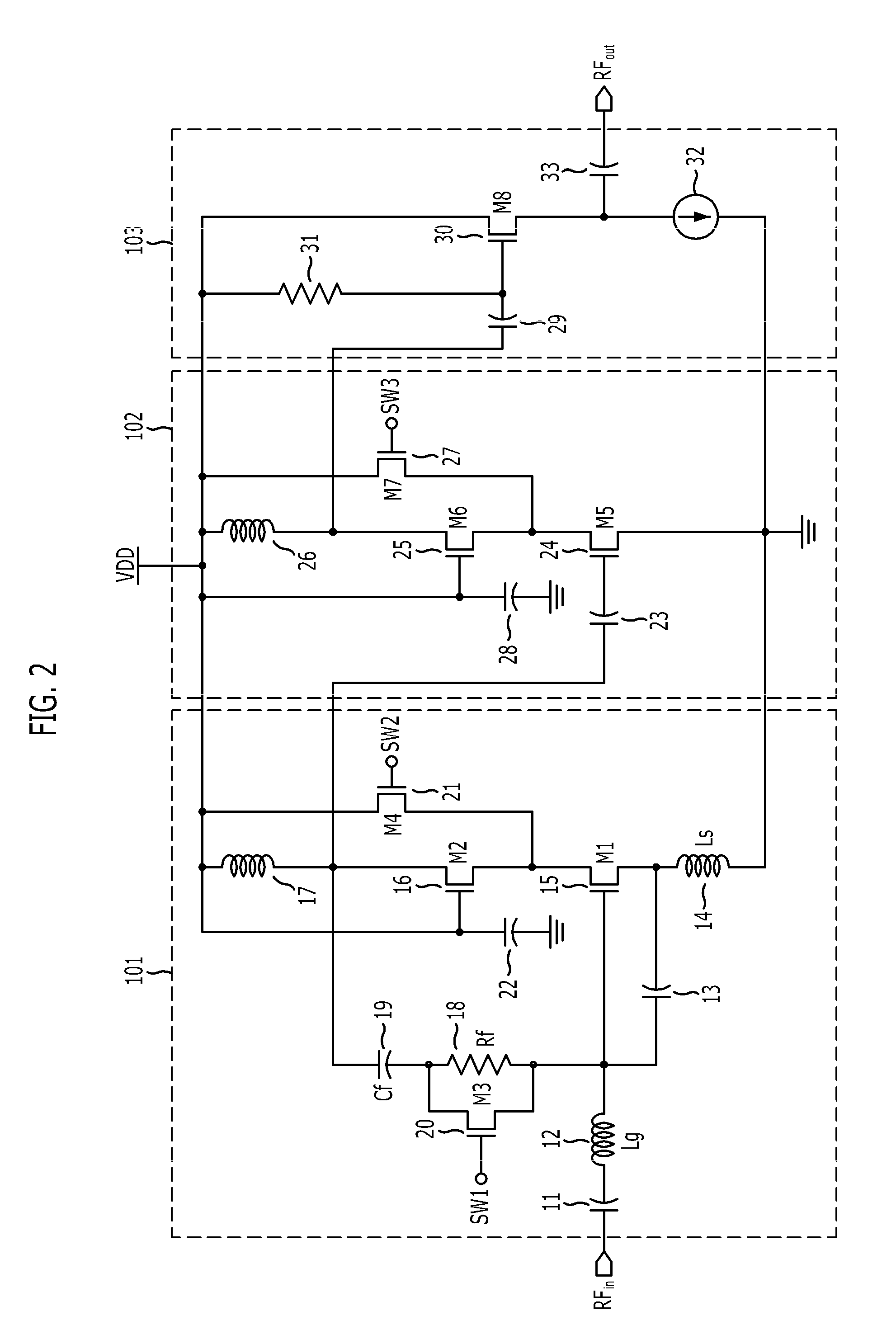 Controlled-gain wideband feedback low noise amplifier