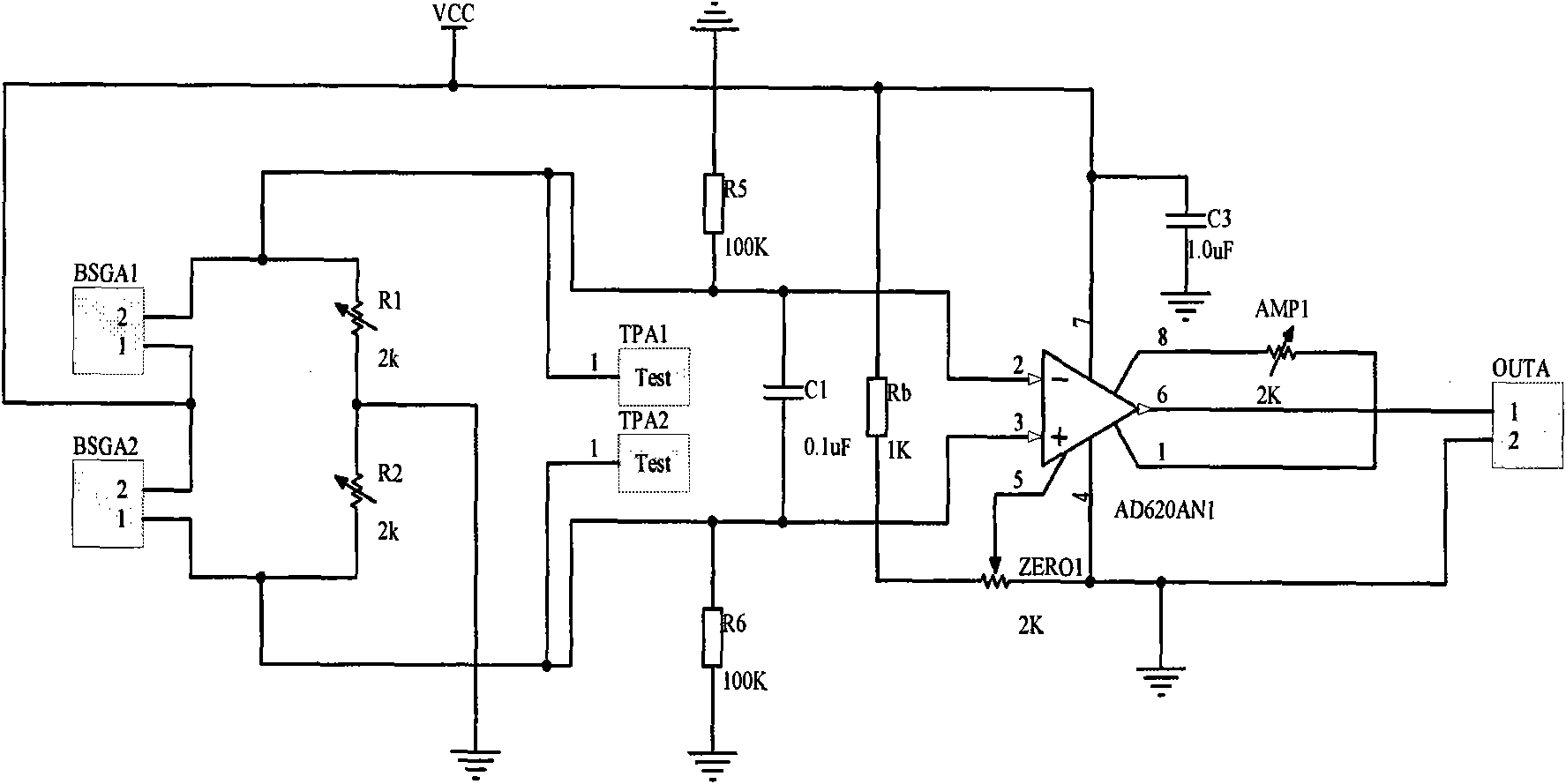 Bridge strain detection sensor based on wireless sensing network interface