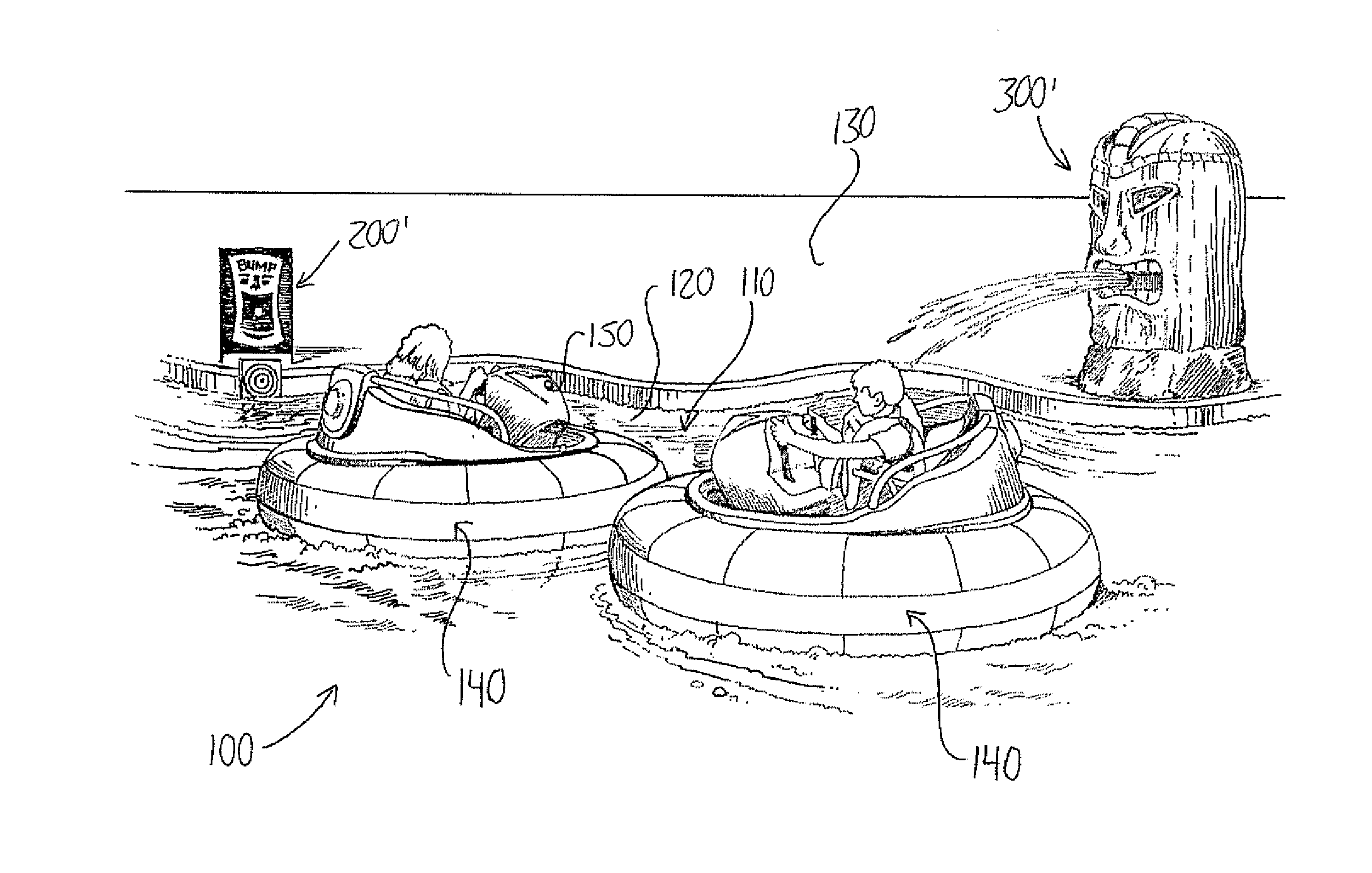 Bumper boat amusement attractions, methods and systems and water effect device usable in same