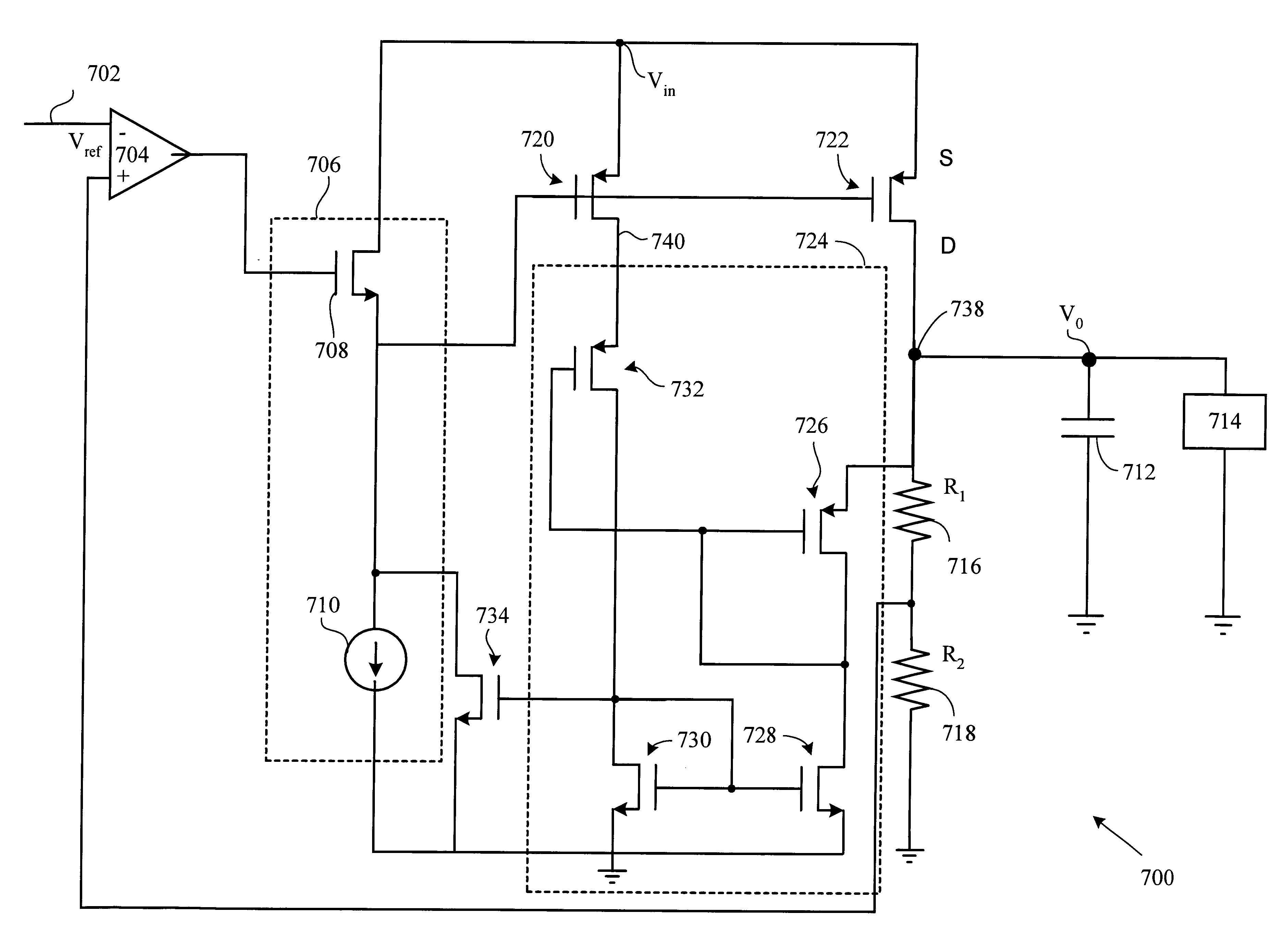 Low drop-out regulator capable of functioning in linear and saturated regions of output driver