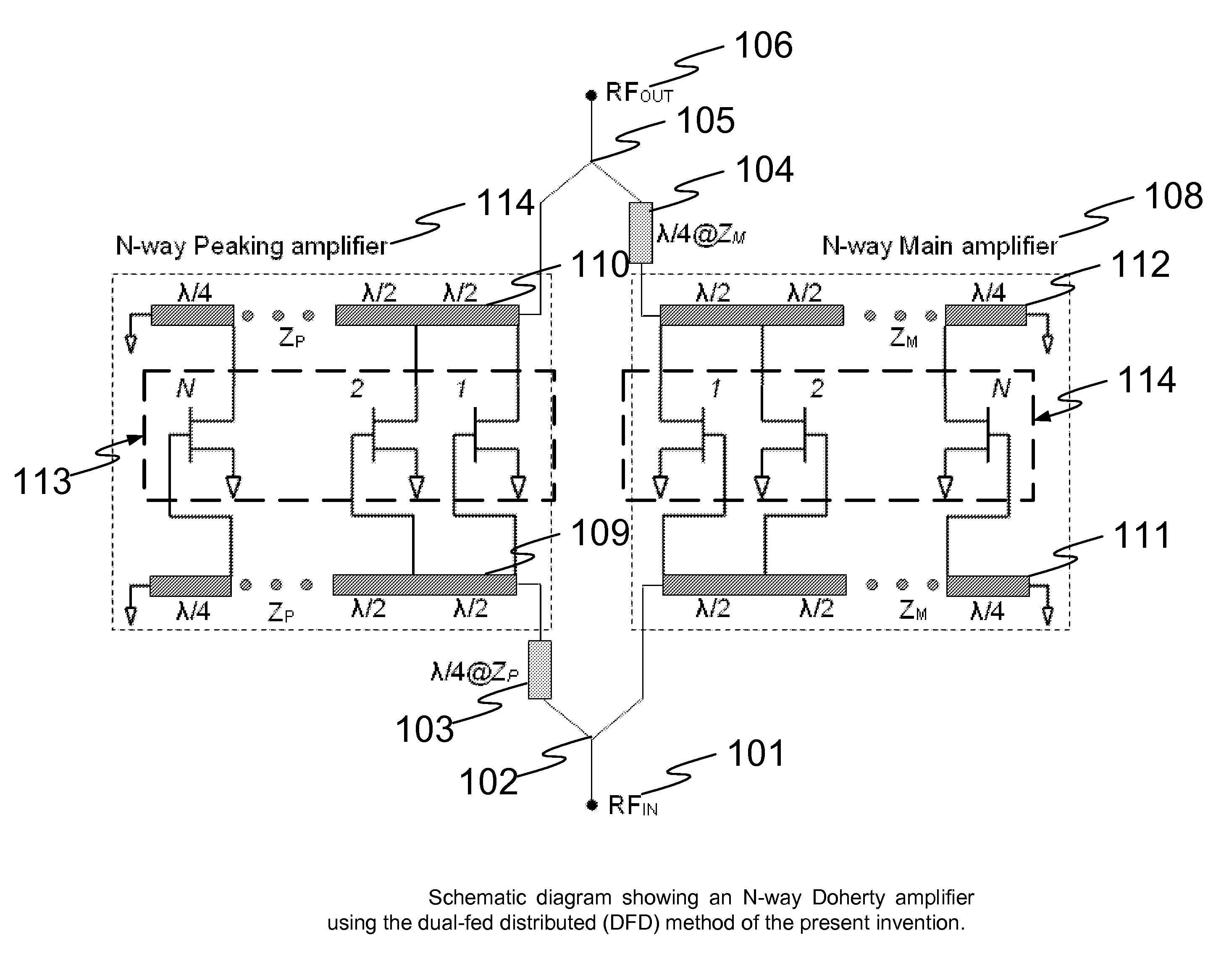 N-Way Doherty Distributed Power Amplifier with Power Tracking