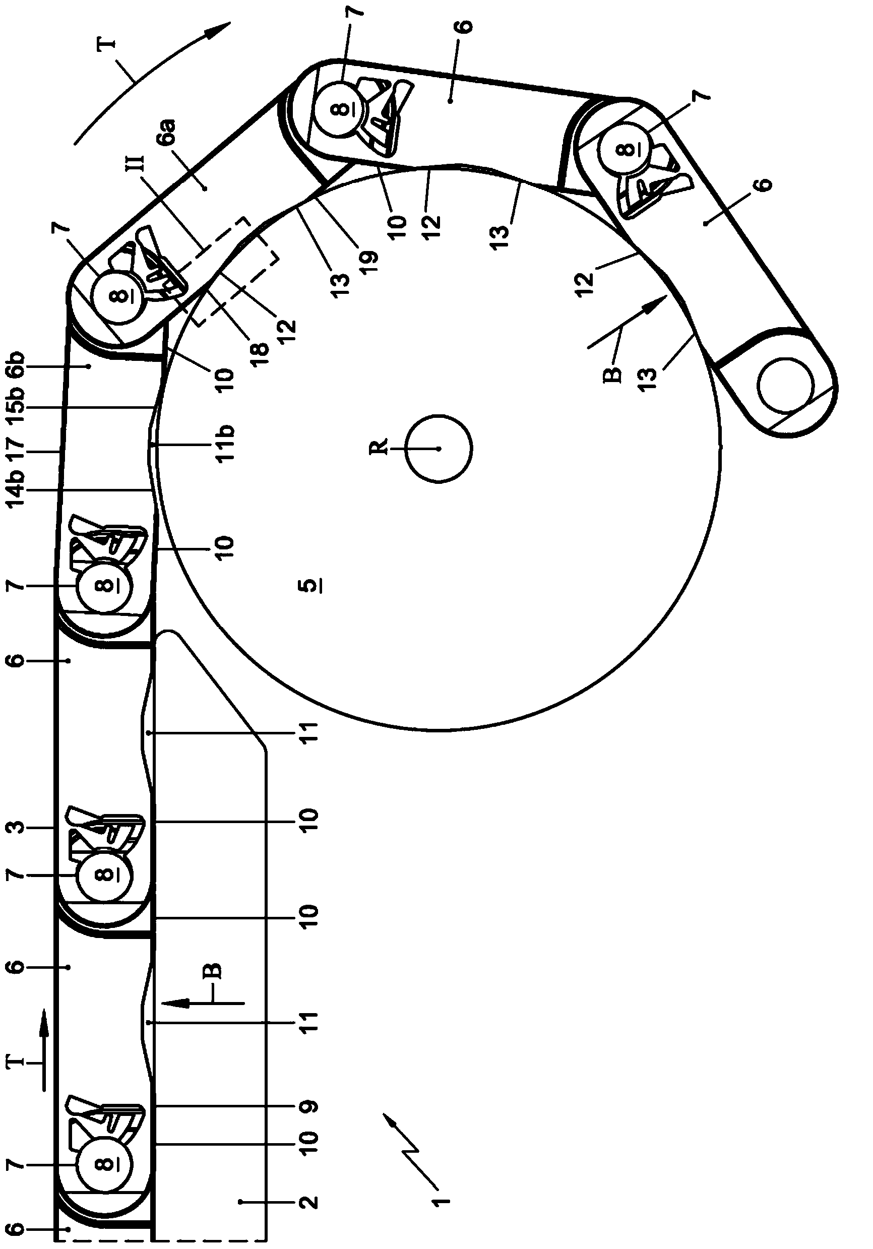 Conveying system, and use of a chamber extending inwardly with respect to a plastic module in a conveying system