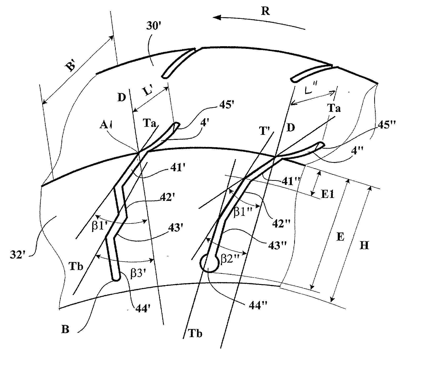 Tread comprising ribs provided with incisions of varying inclination