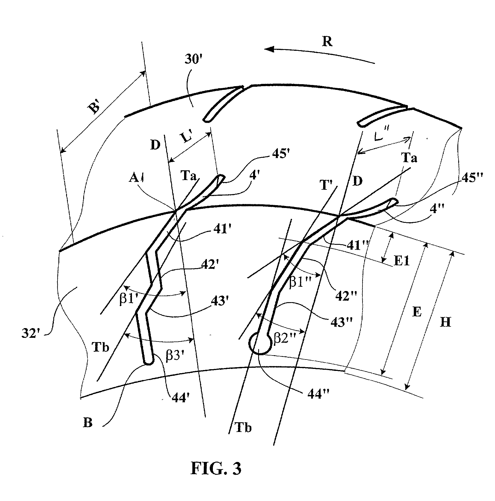 Tread comprising ribs provided with incisions of varying inclination