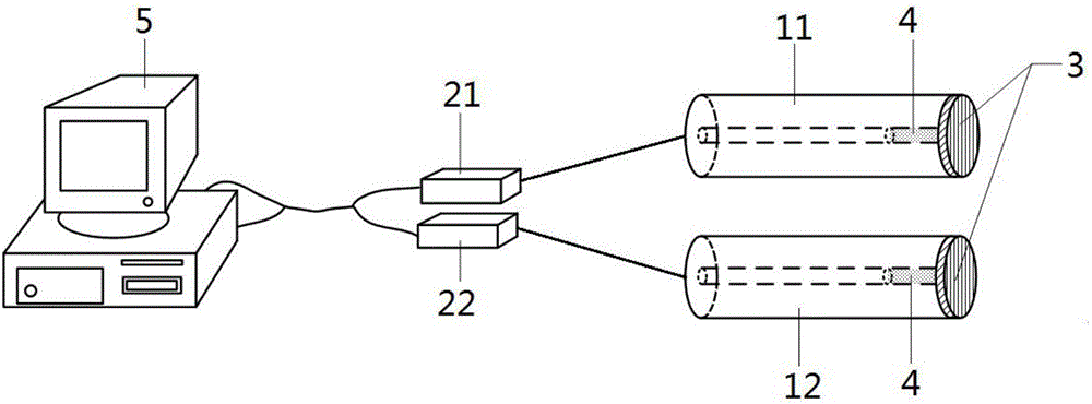 Double-fluorescent material radiation dose detection optical fiber probe