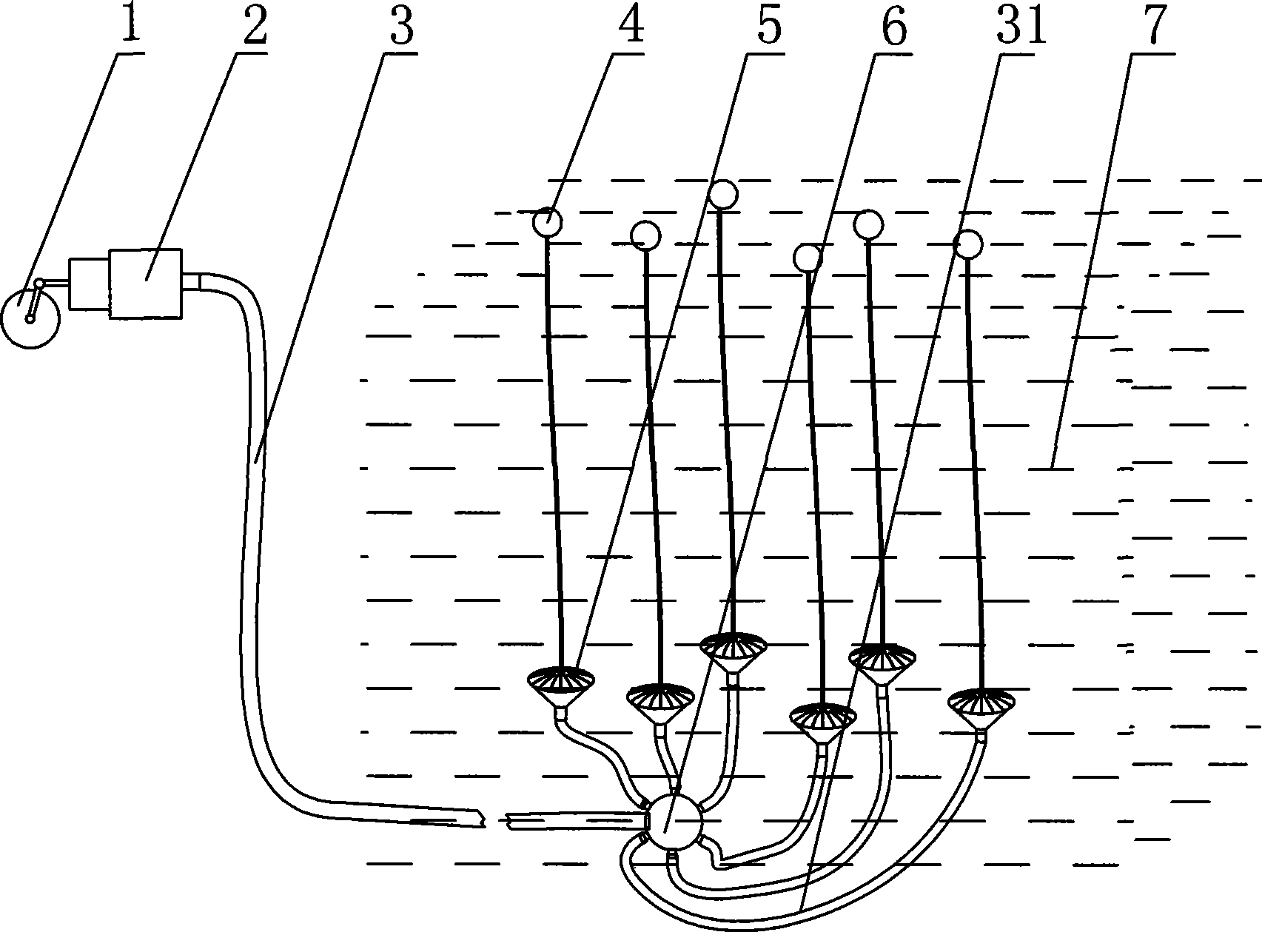 Air bubble type oxygen-enriching machine in fish pond