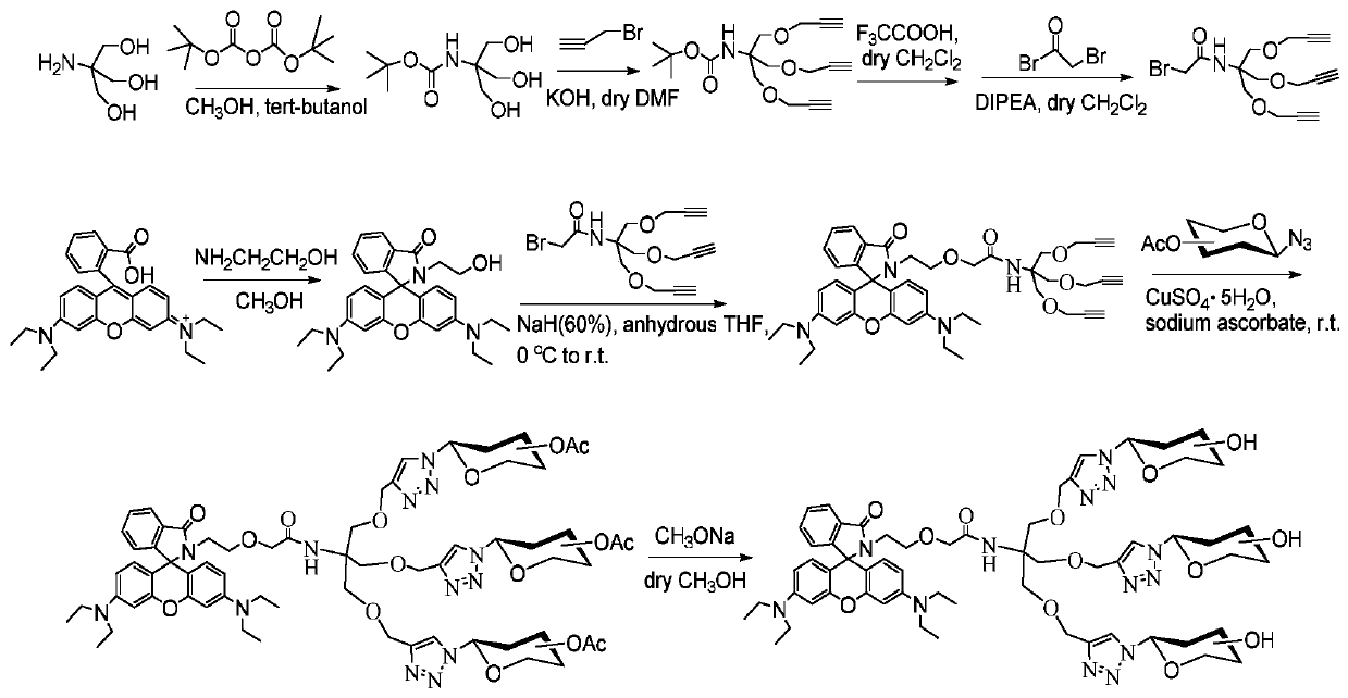 Two/three cluster glycosyl rhodamine derivatives and its preparation method and application