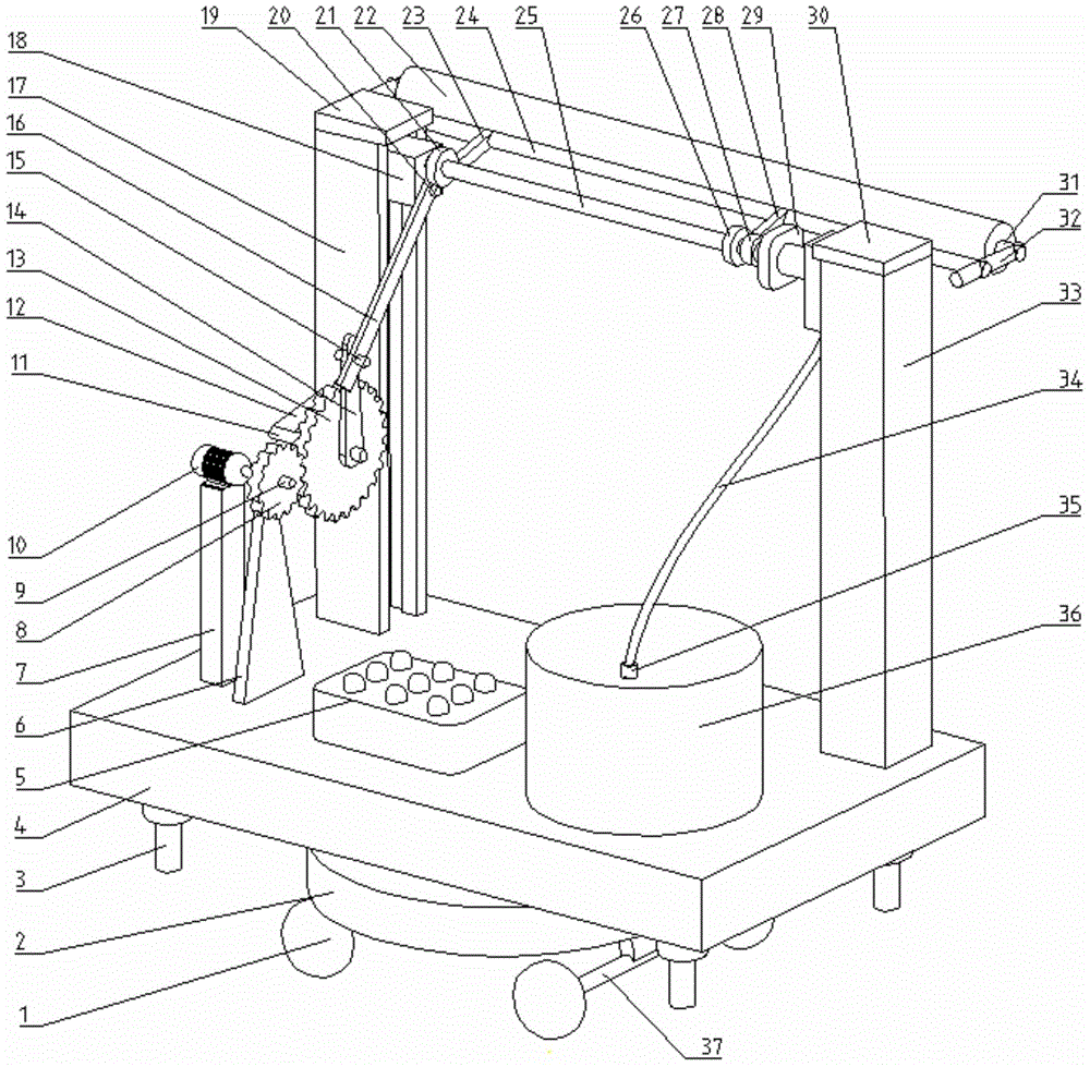 Intelligent wall brushing machine driven by crank sliding block and capable of adjusting angles of rolling brushes in fixed-step-size mode