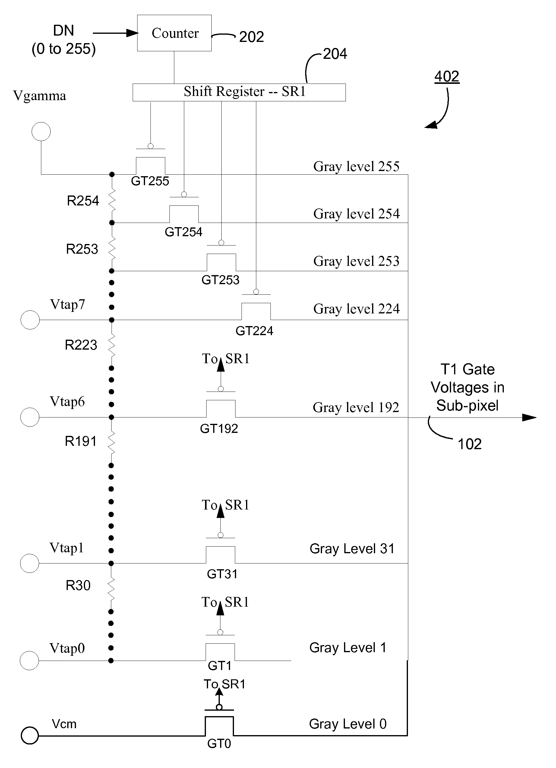 Minimizing dark current in OLED display using modified gamma network