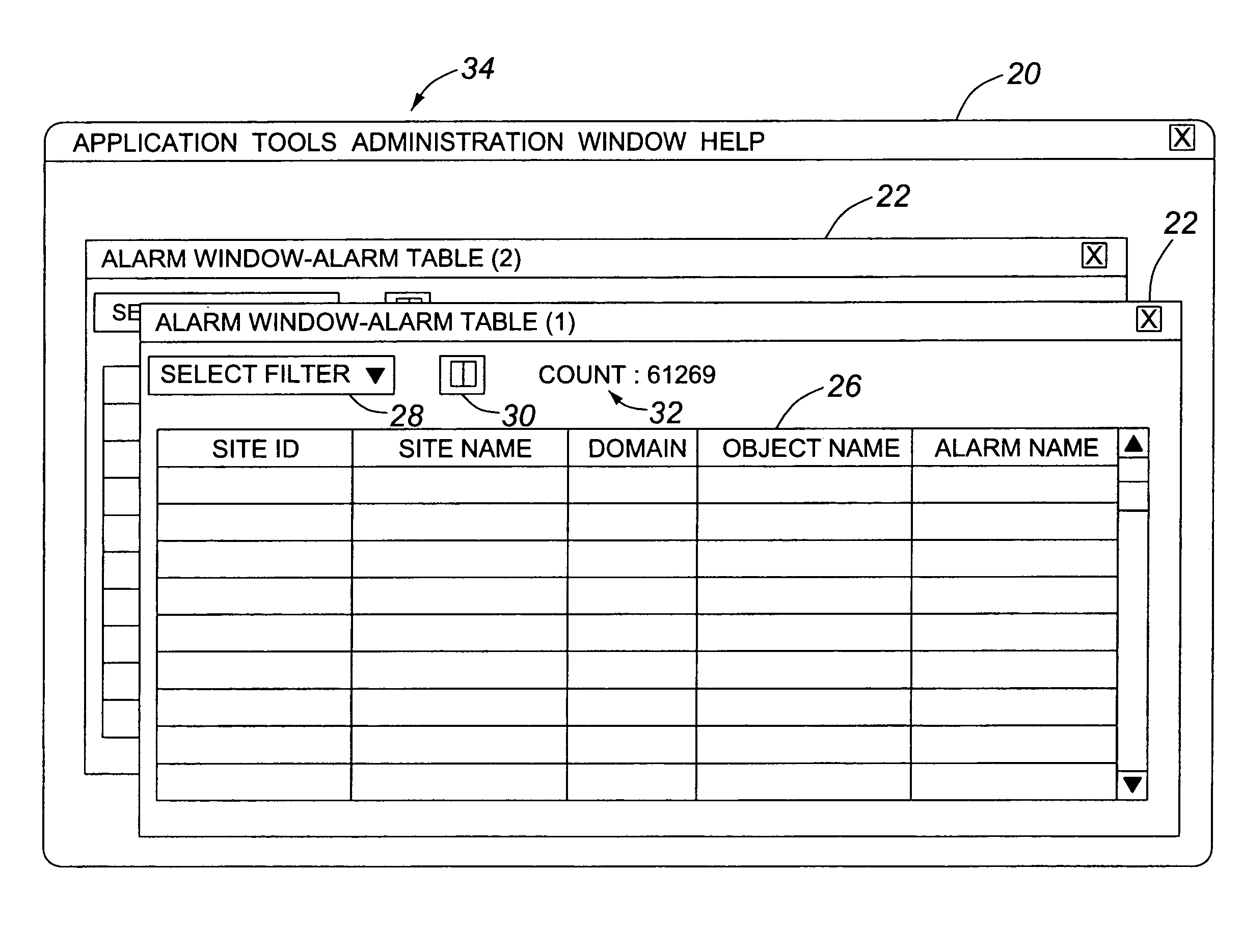 Multiple displays of large dynamic alarm windows