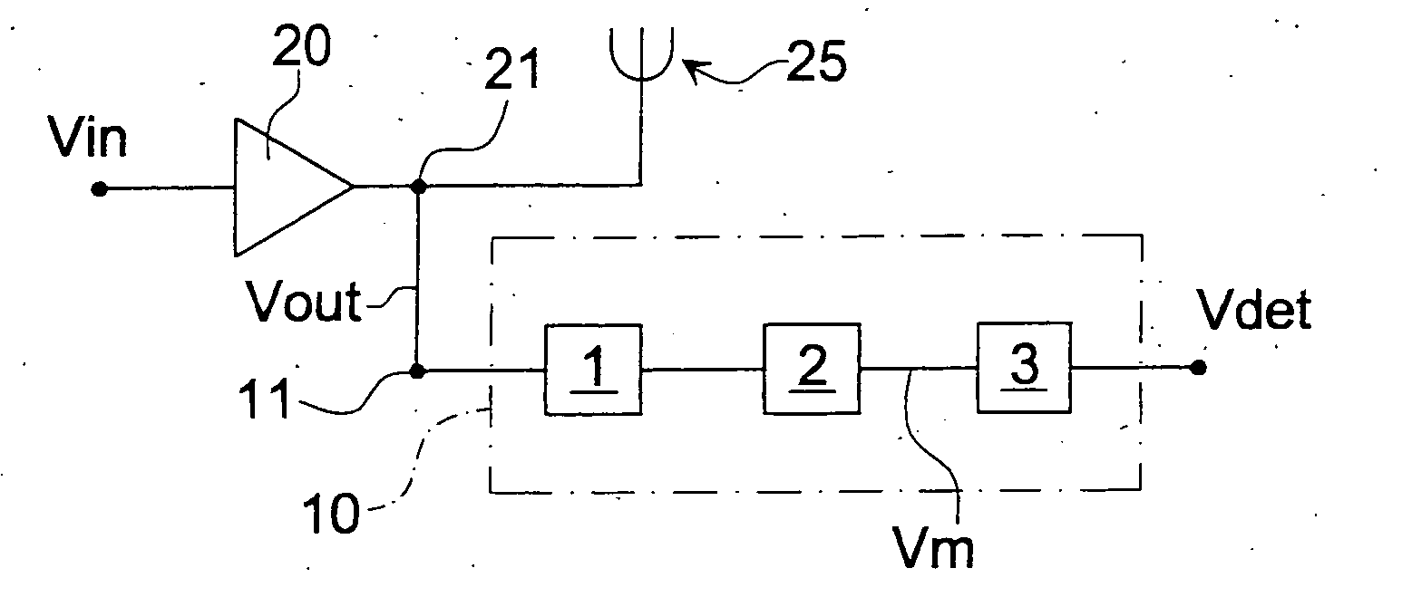 Device for detecting the power of a signal and integrated circuit with amplifier and related power detection device