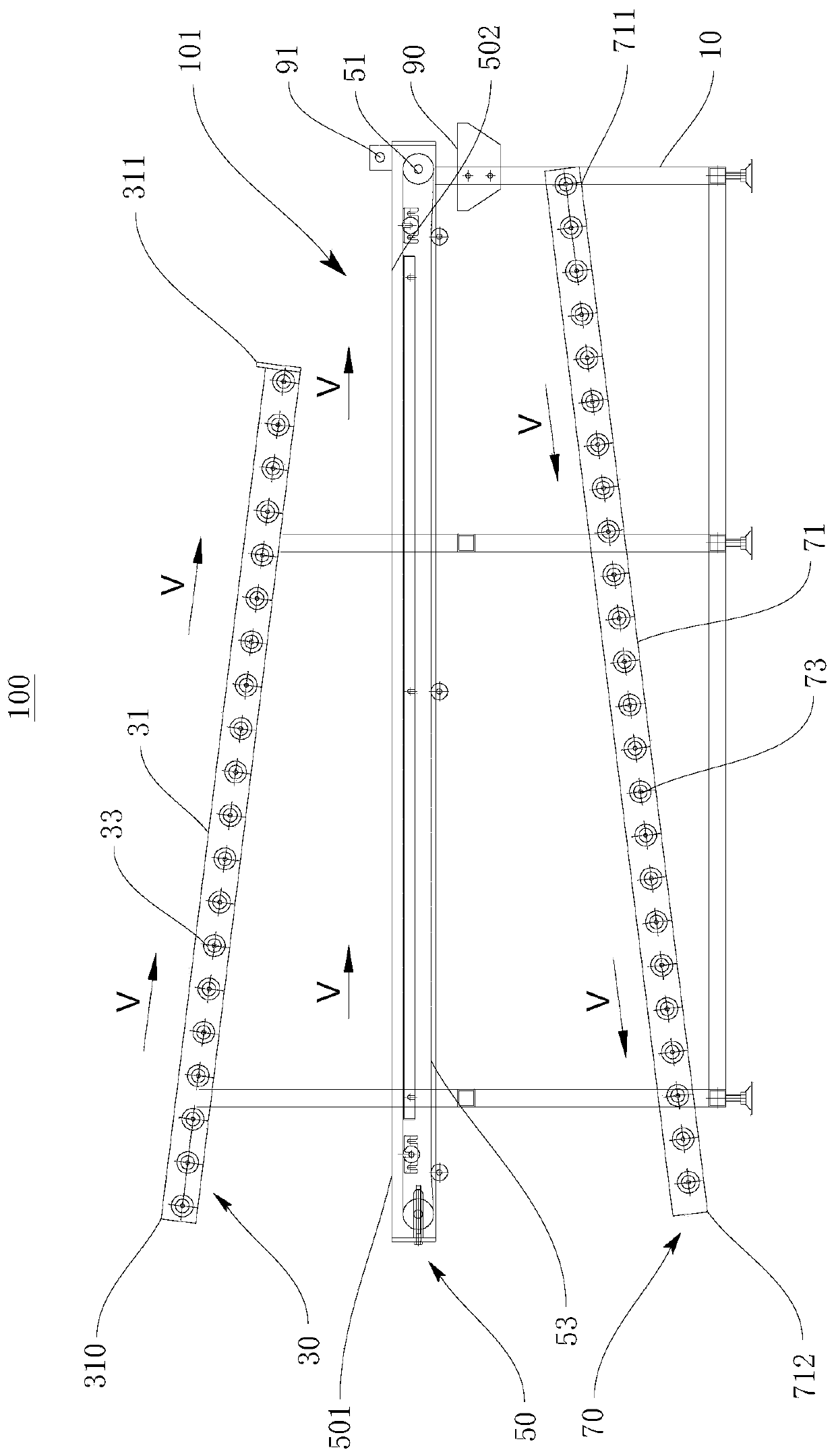 Material flow turntable for sand core assembly and material flow method for sand core assembly