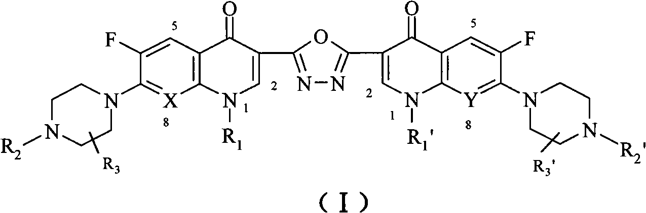 C3/C3 fluoroquinolone dimmer derivative using oxadiazole as connection chain as well as preparation method and application thereof