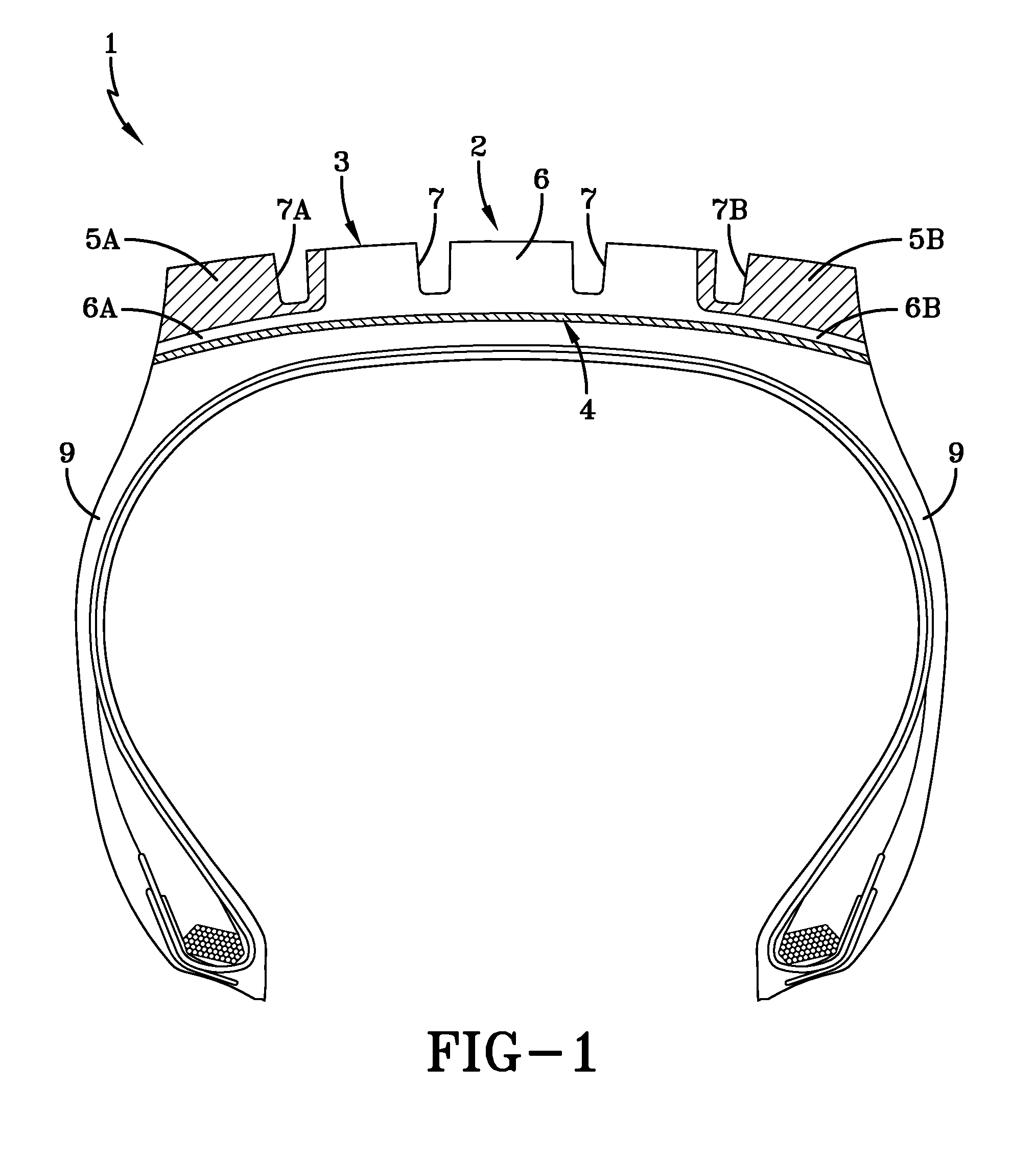 Tire with rubber tread of intermedial and lateral zones with path of least electrical resistance