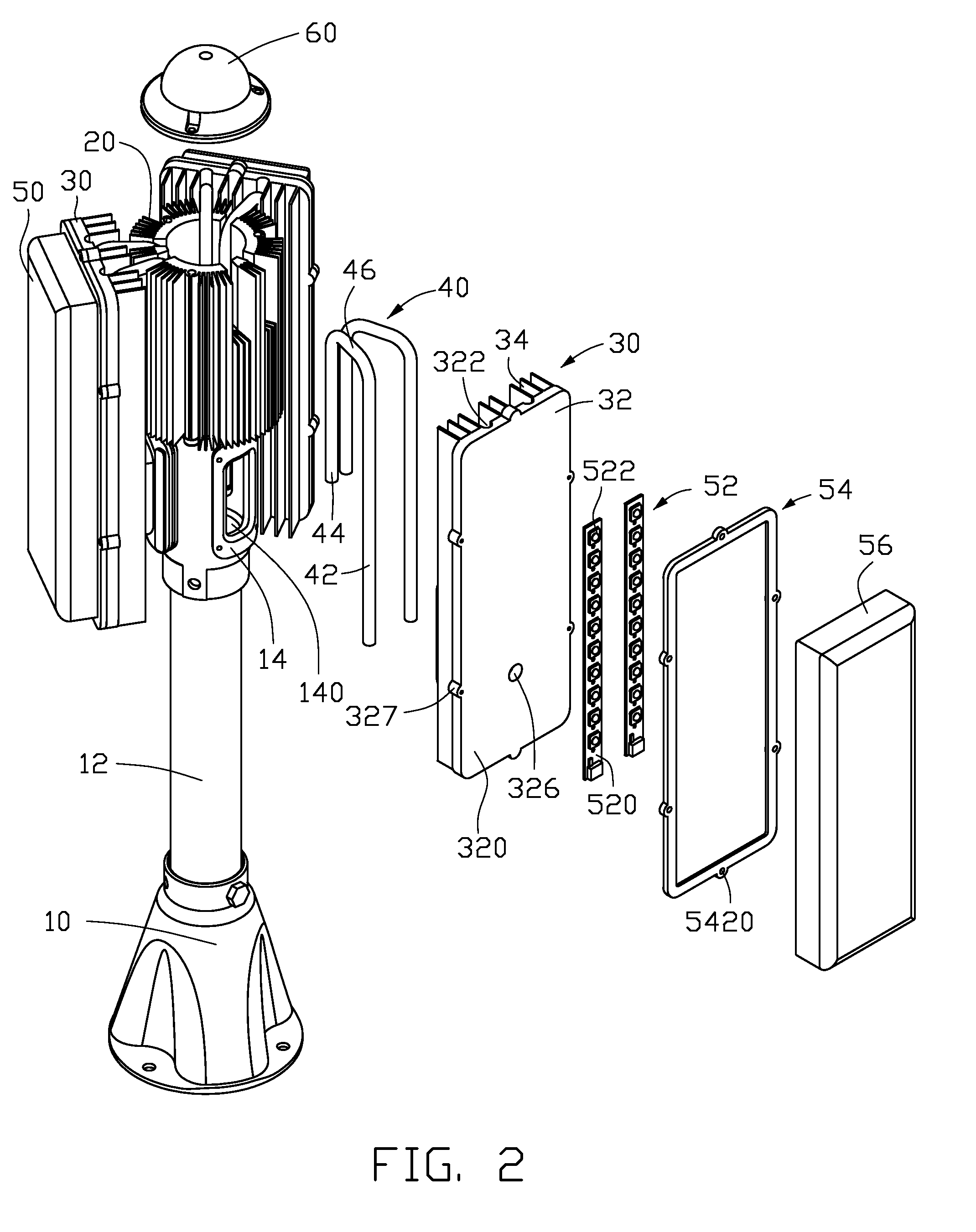 LED lamp assembly having heat pipes and finned heat sinks