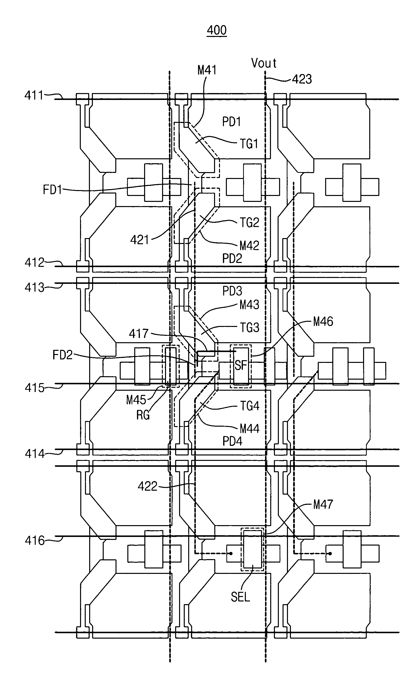 CMOS sensor array with a shared structure