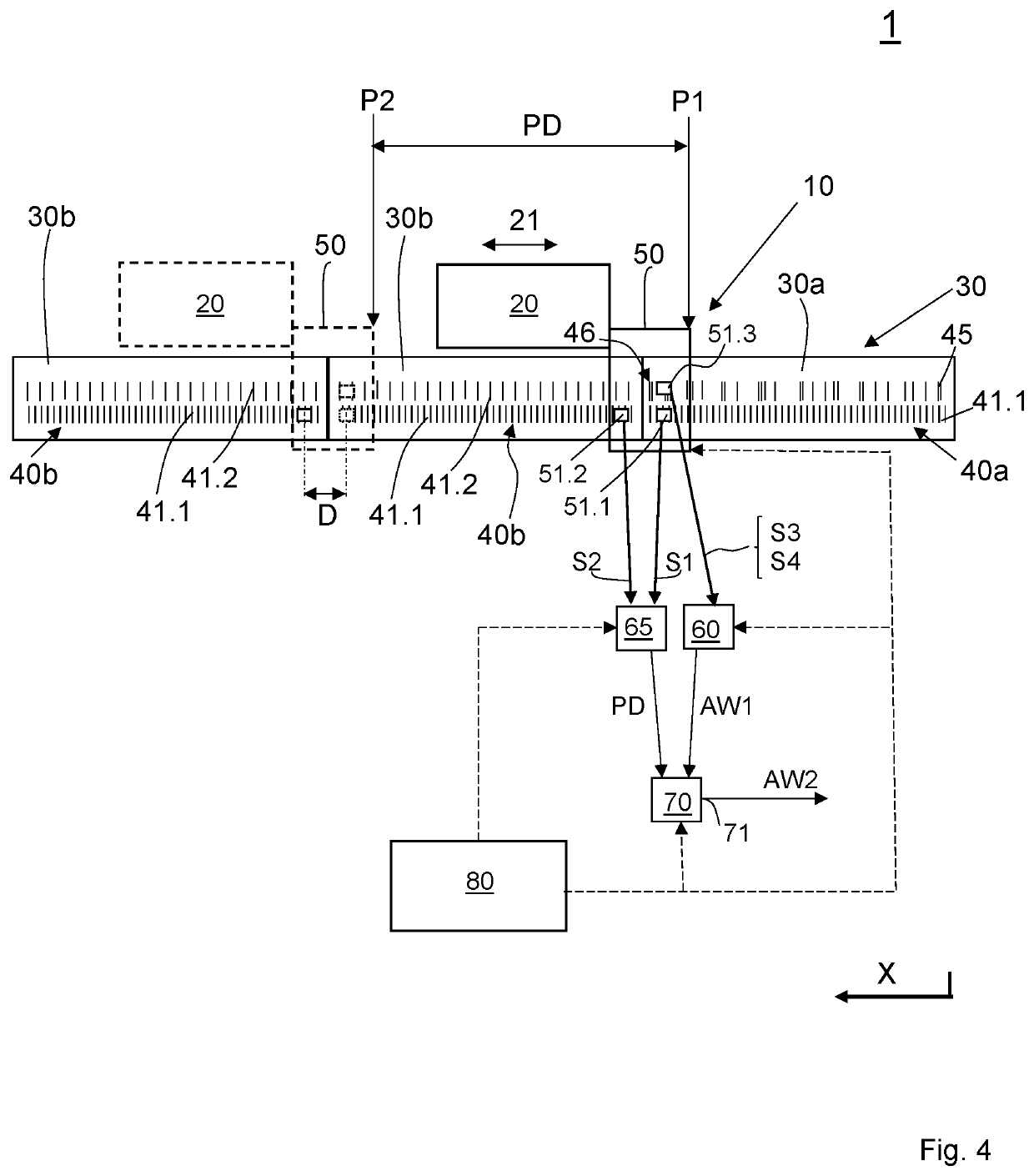 Linear displacement measuring apparatus for determining an absolute position, and linear guide having such a displacement measuring apparatus