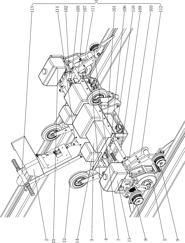 An electric double-track wheeled flaw detection vehicle