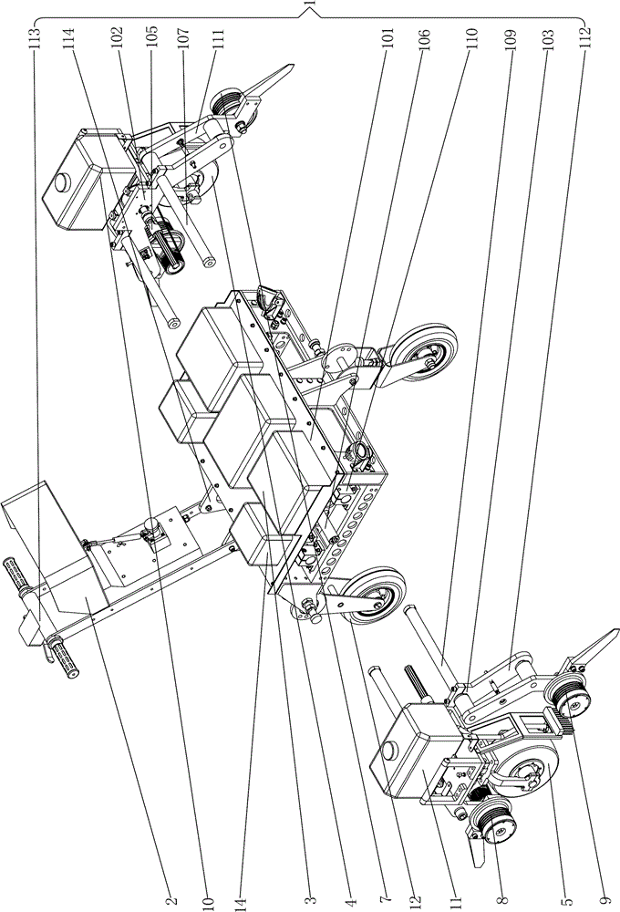 An electric double-track wheeled flaw detection vehicle