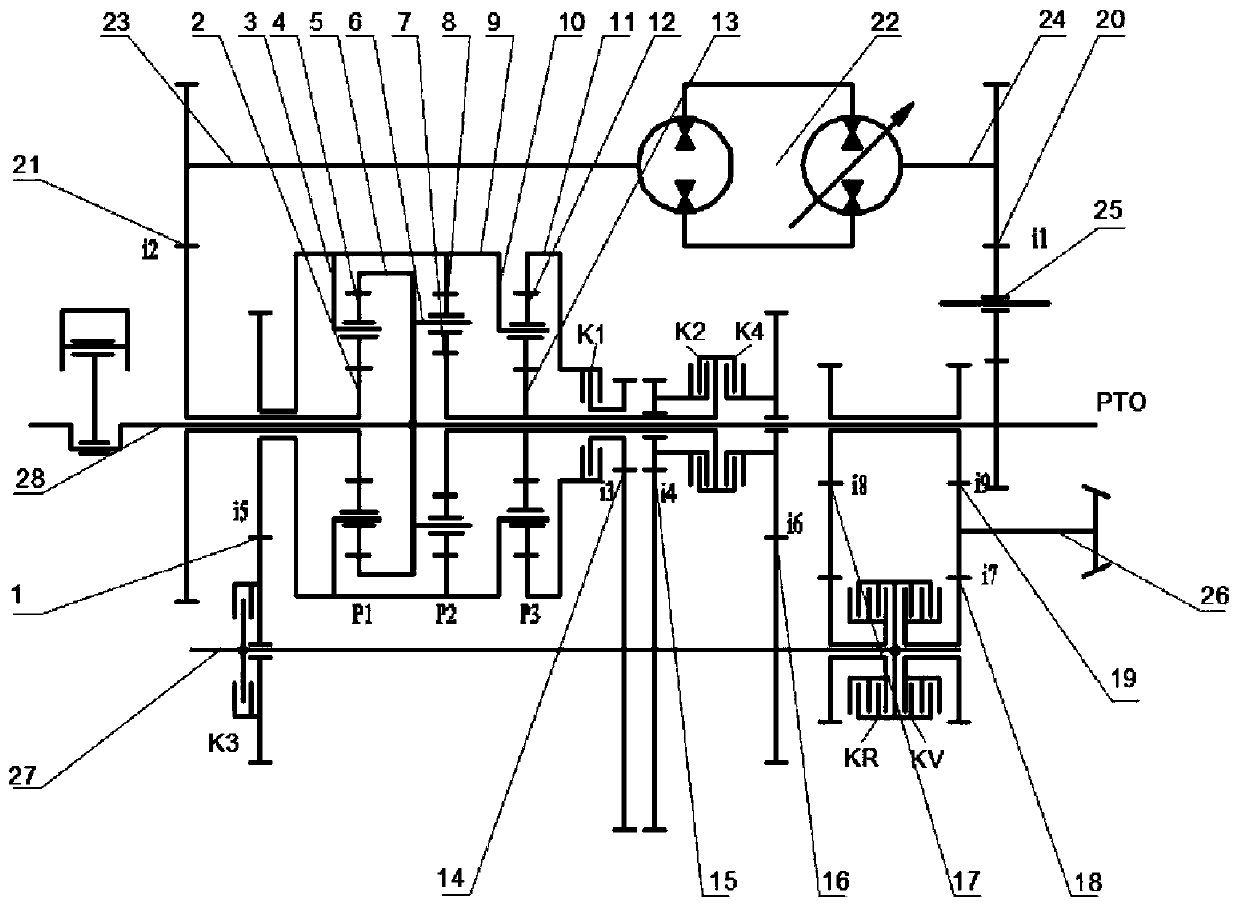 Three-planet row four-section hydraulic mechanical stepless transmission