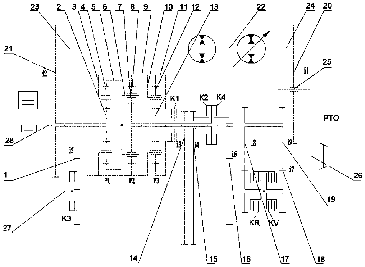 Three-planet row four-section hydraulic mechanical stepless transmission