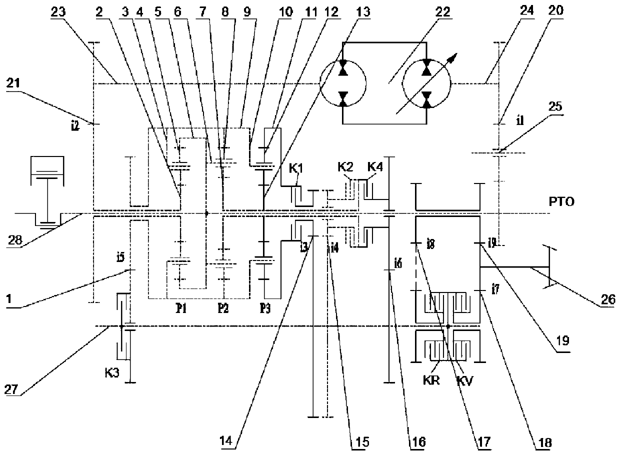 Three-planet row four-section hydraulic mechanical stepless transmission