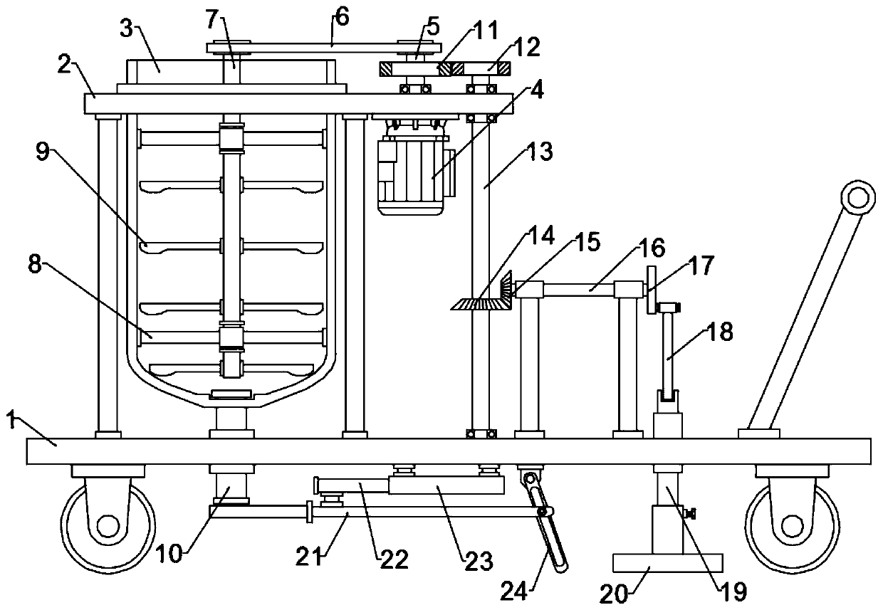 Concrete laying and vibrating integrated device used for road construction