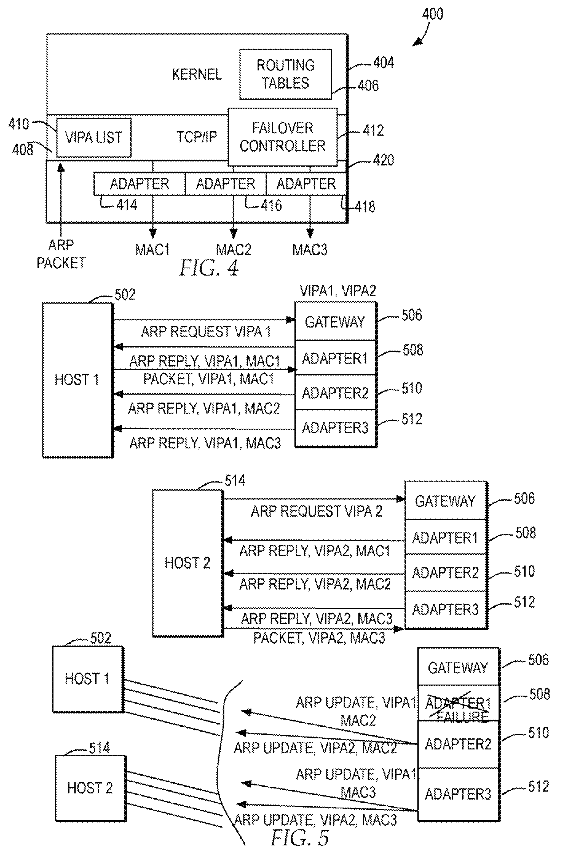 Failover in a host concurrently supporting multiple virtual IP addresses across multiple adapters