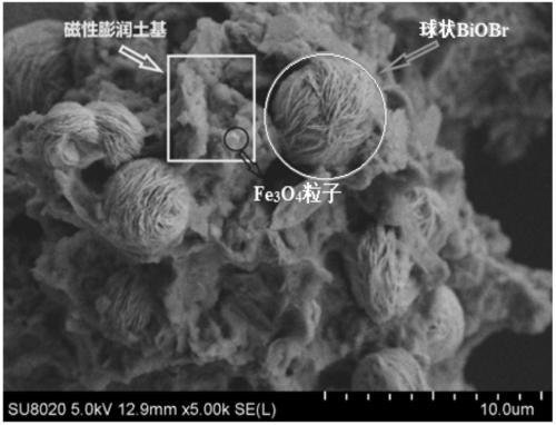 Magnetic bentonite loaded spherical BiOBr, preparation method and application thereof