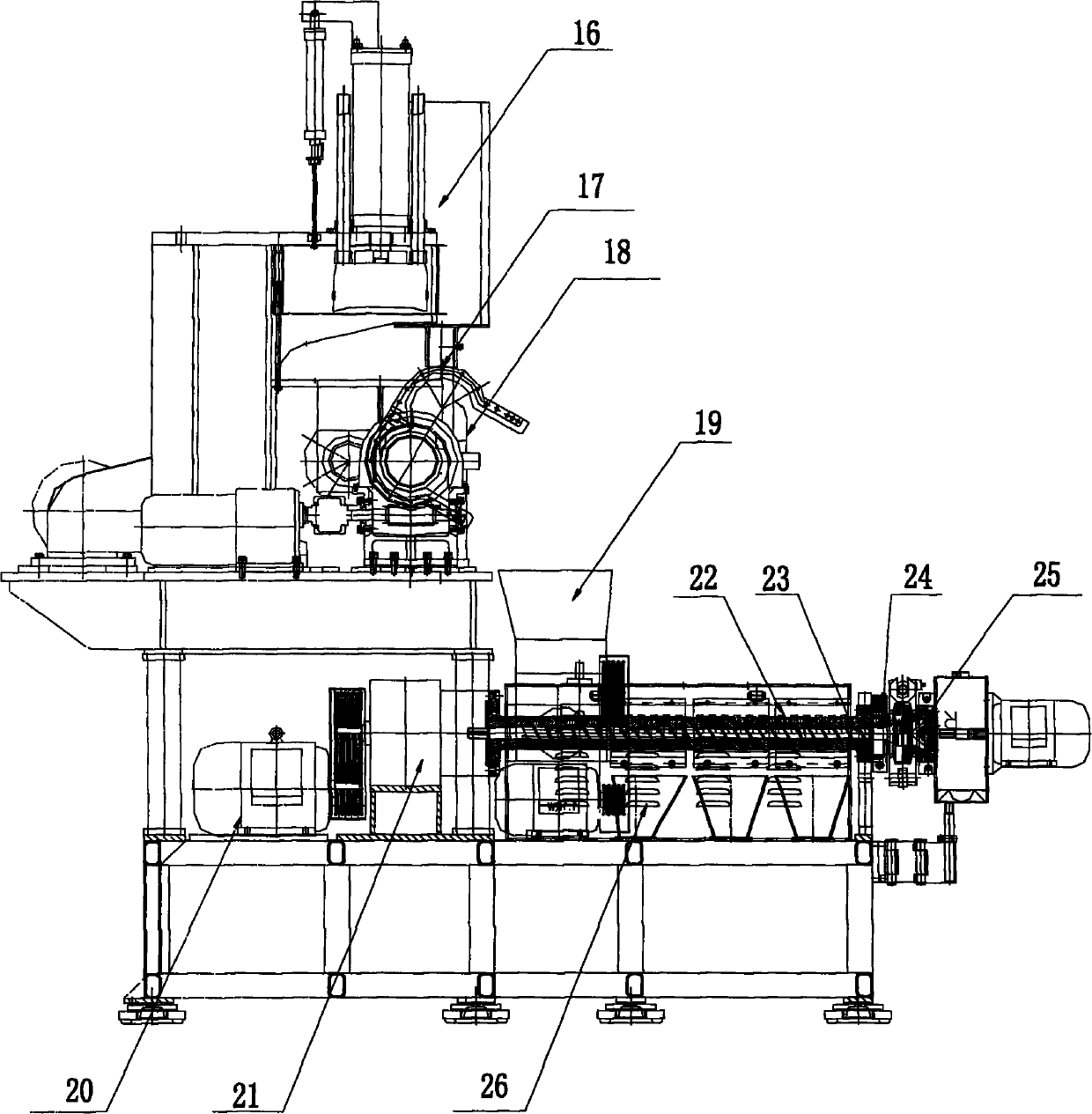 Combined type machine set integrating functions of banburying, feeding and extruding into whole