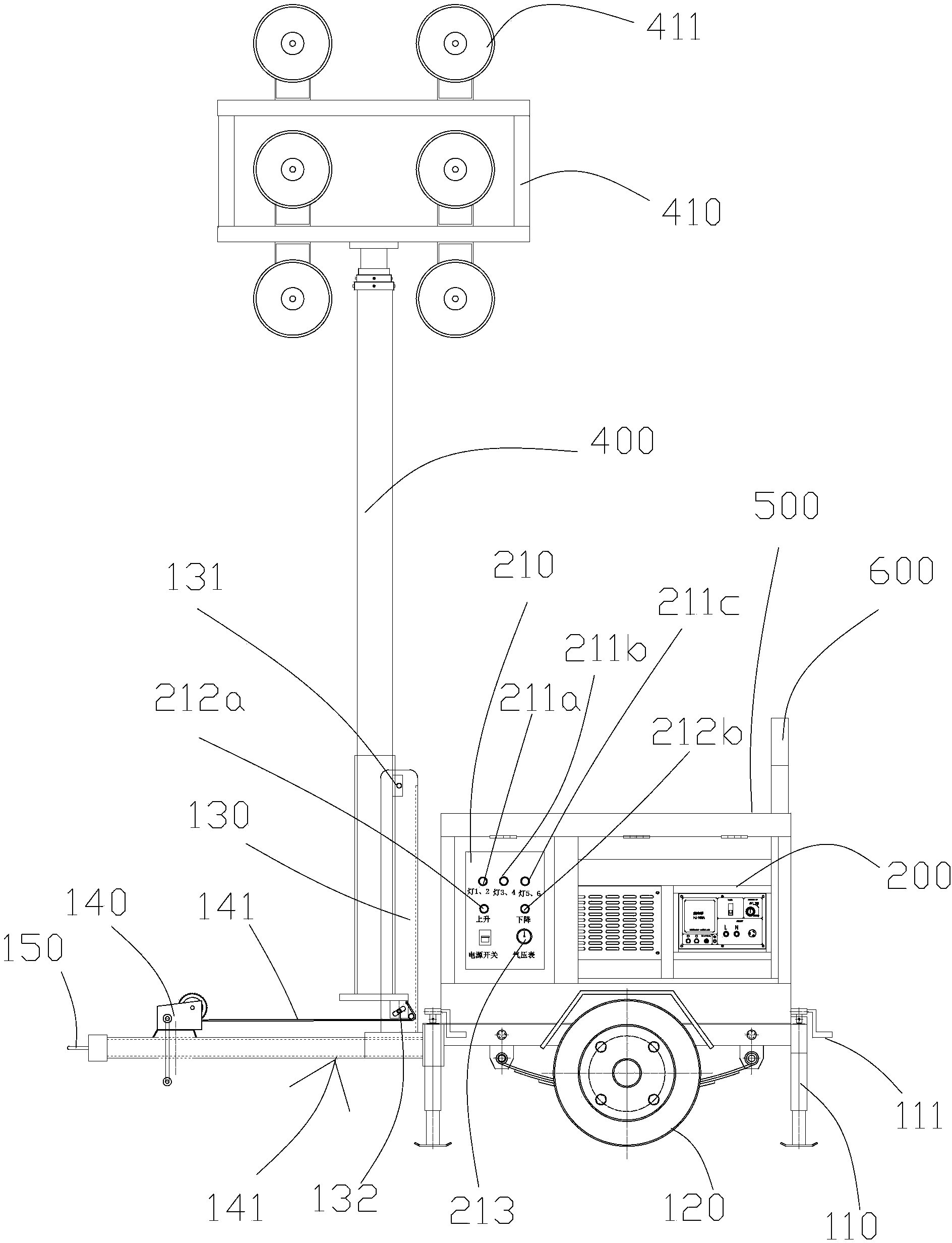 Pneumatic lifting movable lighting light projection vehicle