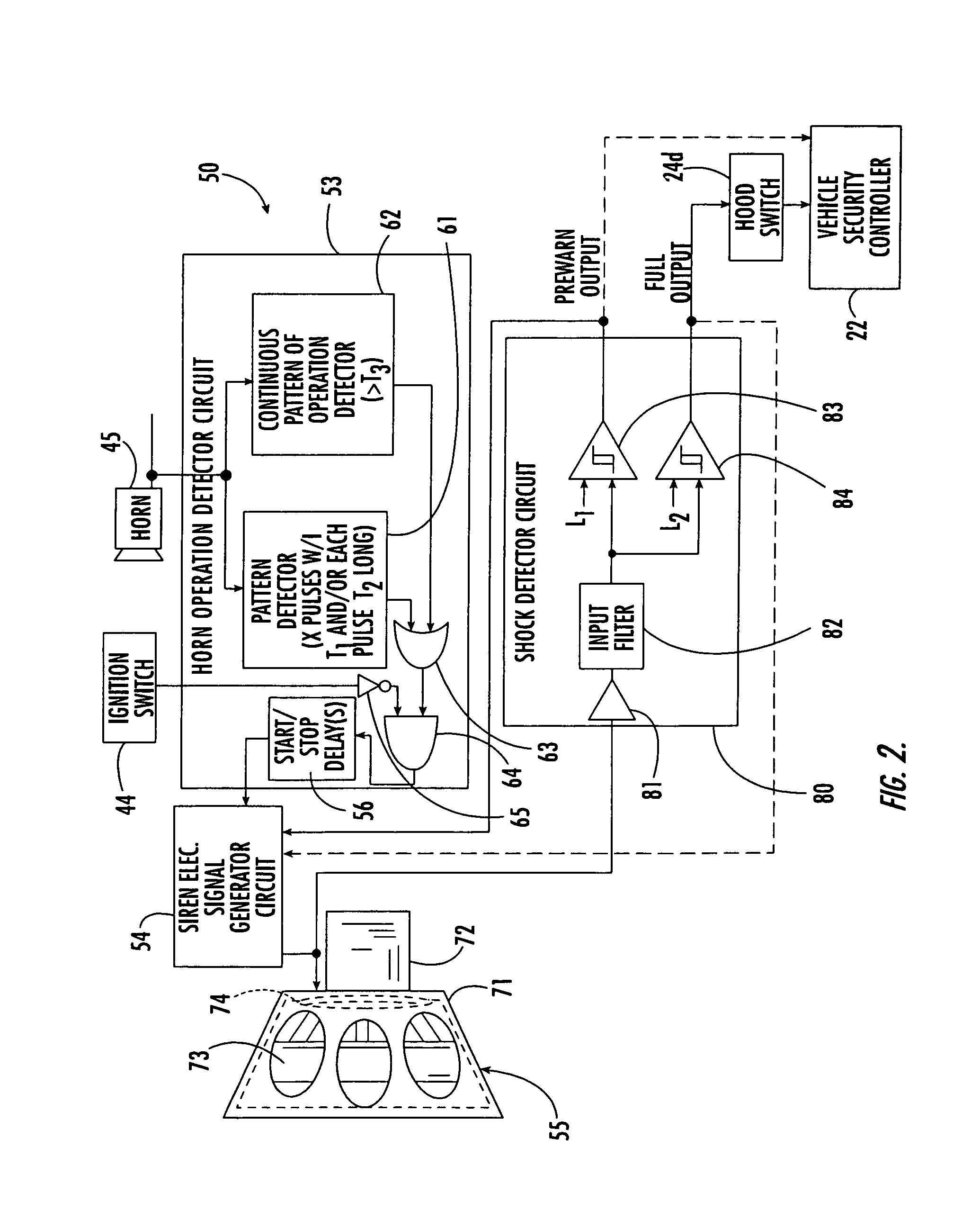 Vehicle security system shock sensing siren and associated methods