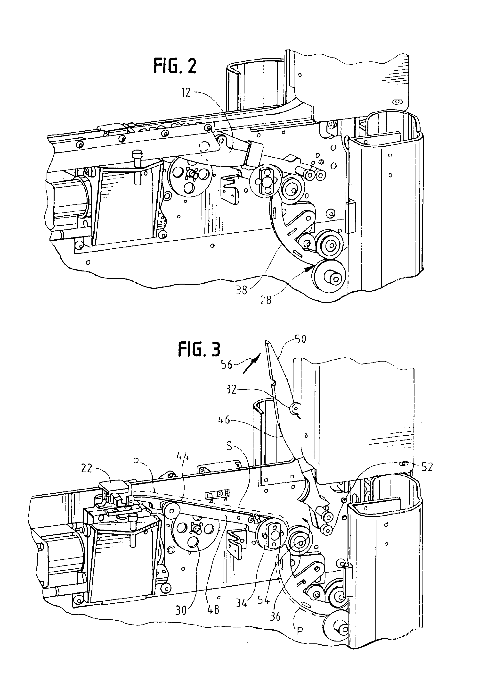 Strapping machine with strap path access guide