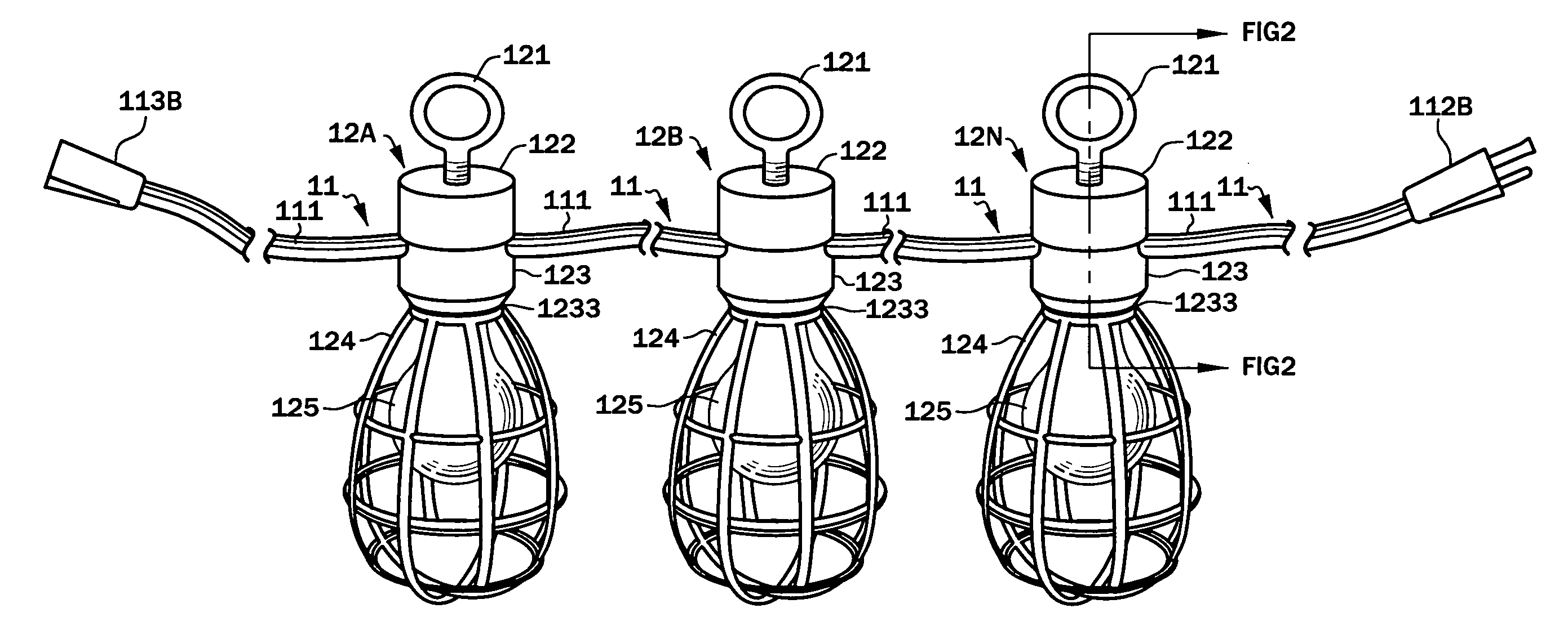 Temporary work light string with variably-positionable and re-positionable readily-replaced lamp, optionally with integral hangers, that are optionally electrically connected to plural electrical circuits