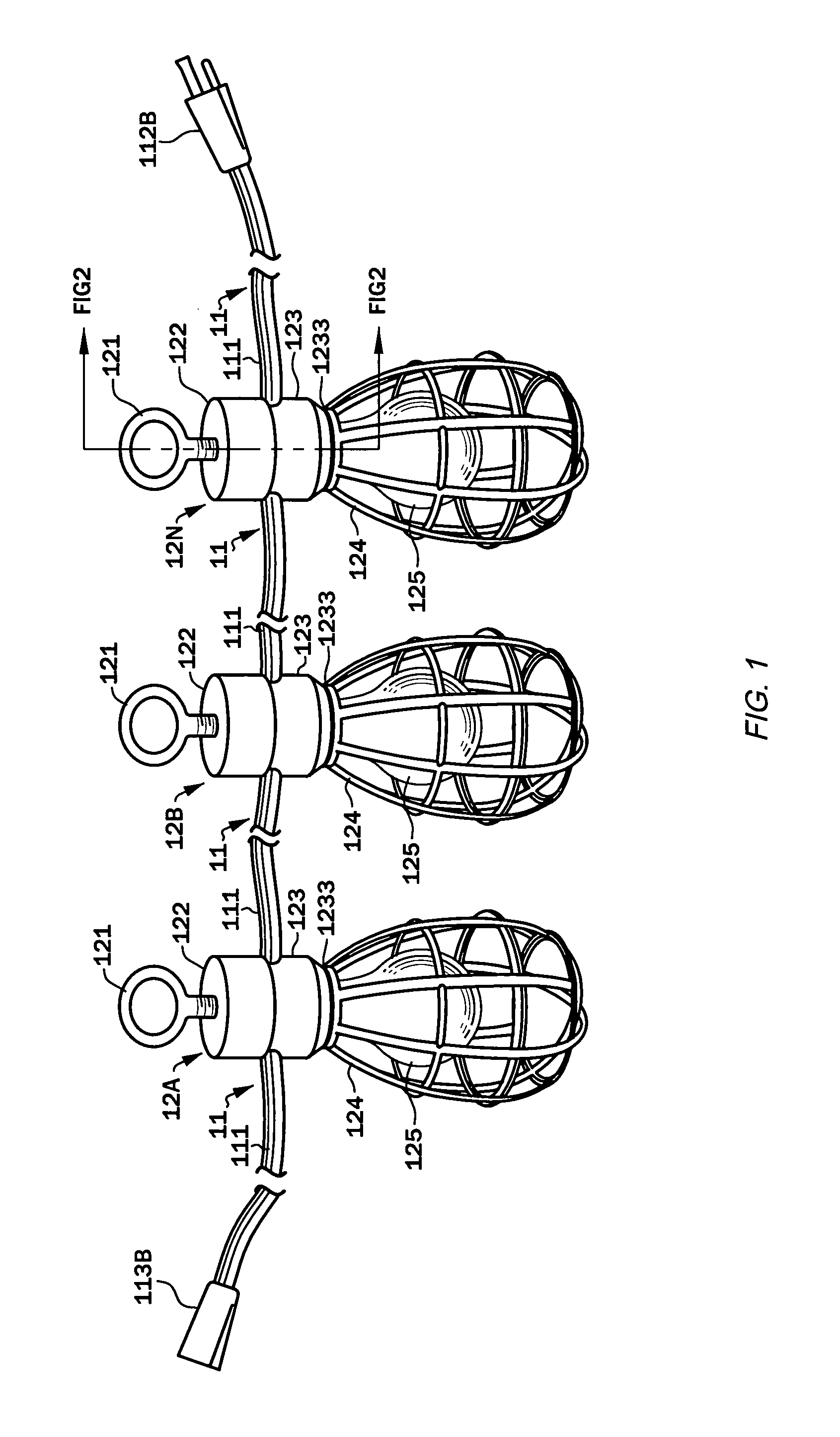 Temporary work light string with variably-positionable and re-positionable readily-replaced lamp, optionally with integral hangers, that are optionally electrically connected to plural electrical circuits