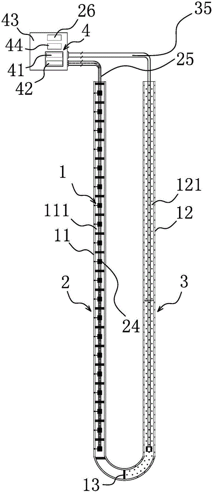 Vertical temperature distribution test and underground water level measurement device for ground source rock soil layer