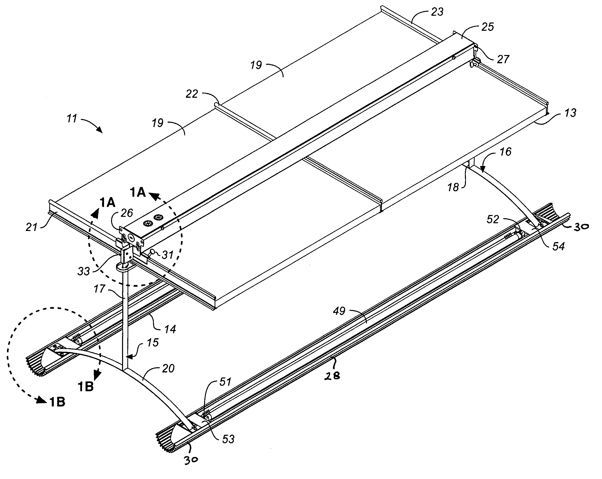 Fluorescent lighting fixture module for indirect lighting of interior spaces, and method