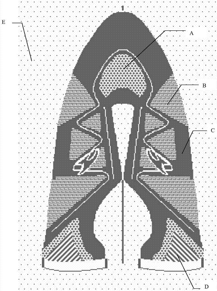 Structure and production method of a weft-knitted jacquard upper material