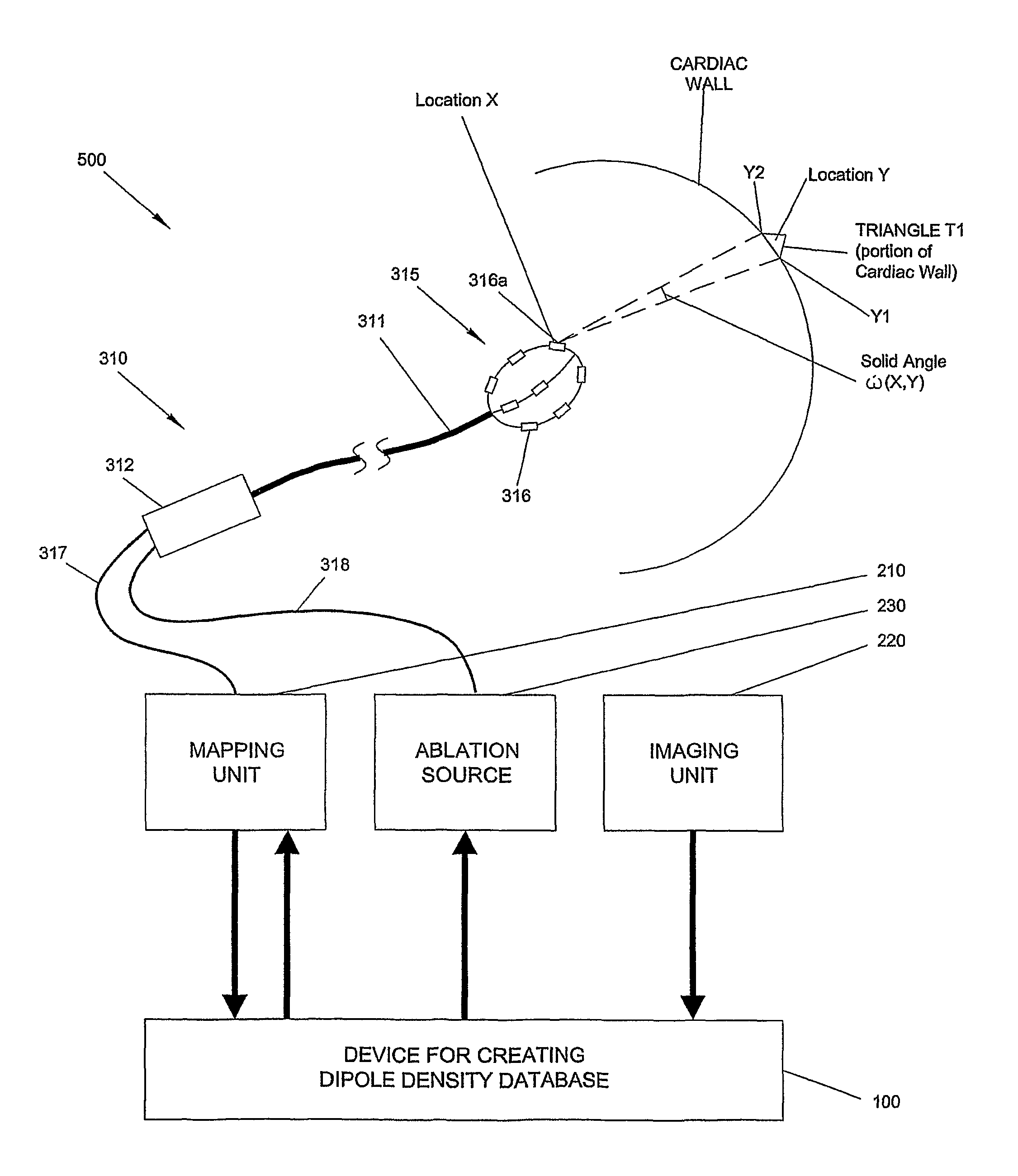 Device and method for the geometric determination of electrical dipole densities on the cardiac wall