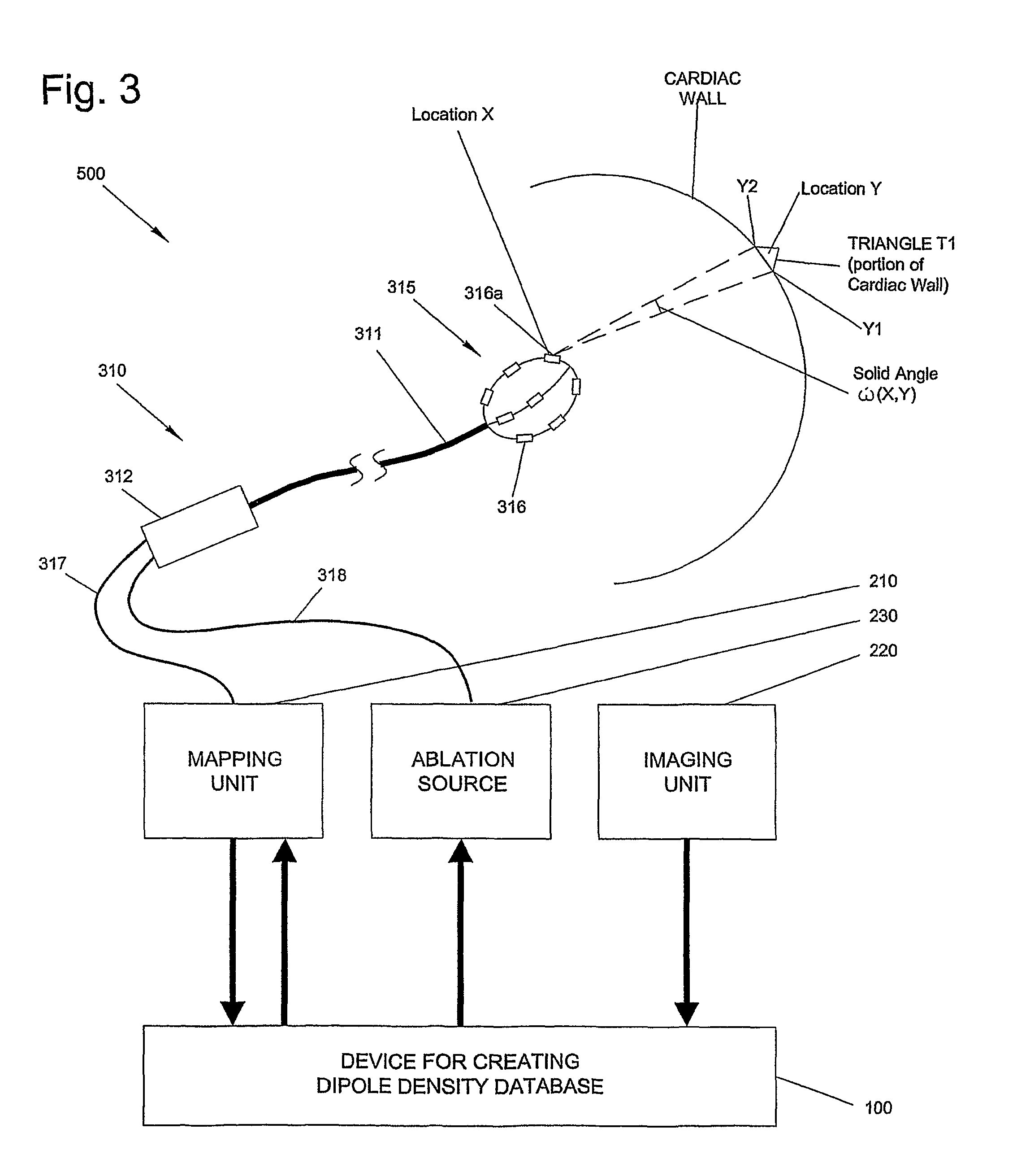 Device and method for the geometric determination of electrical dipole densities on the cardiac wall