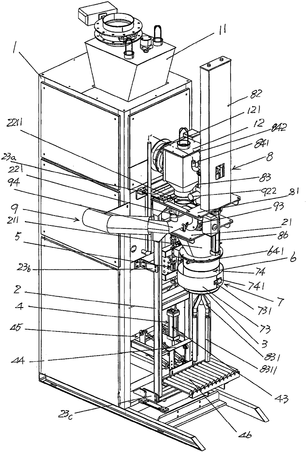 Automatic open-mouth bag discharging device with air expansion sealing function for bag mouth