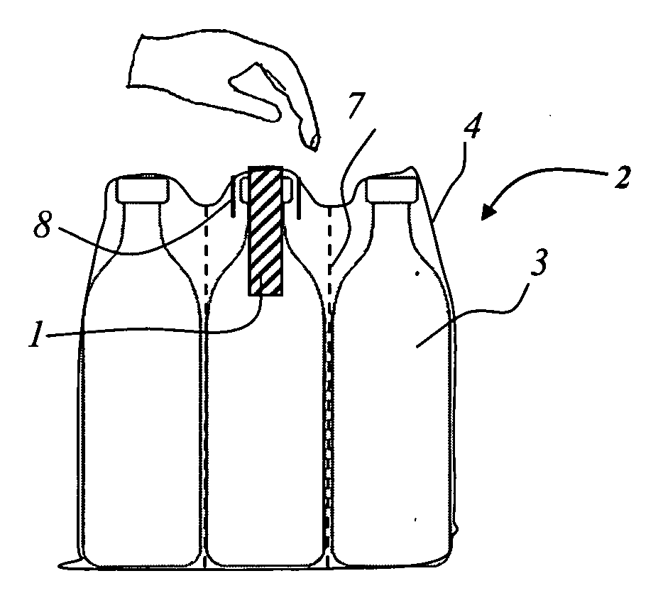 Package with handle and device and method for the production thereof