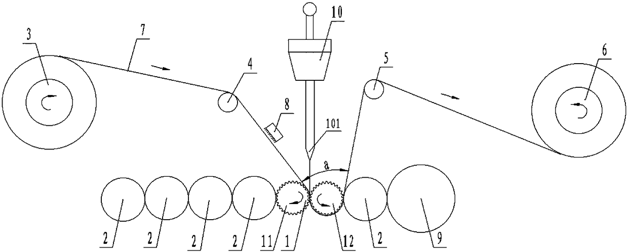 Online film-coating embossing device for raw paper and use method for online film-coating embossing device