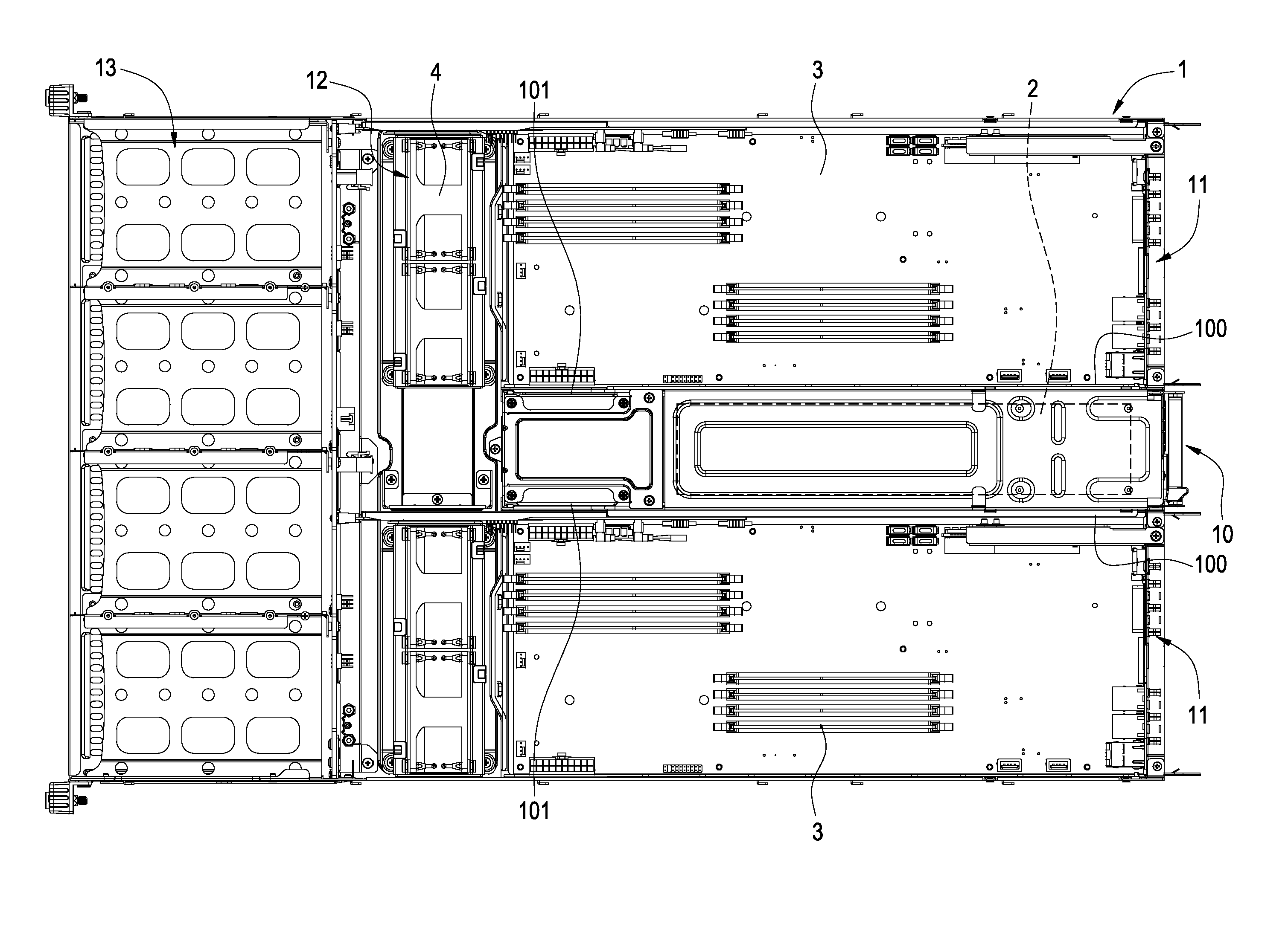 Industrial computer chassis structure with power source disposed centrally