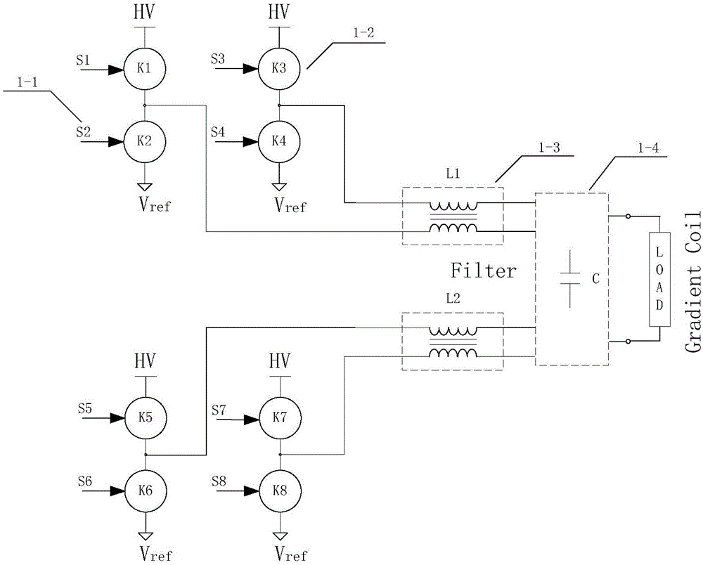 Gradient amplifier applying coupled inductors to output filter