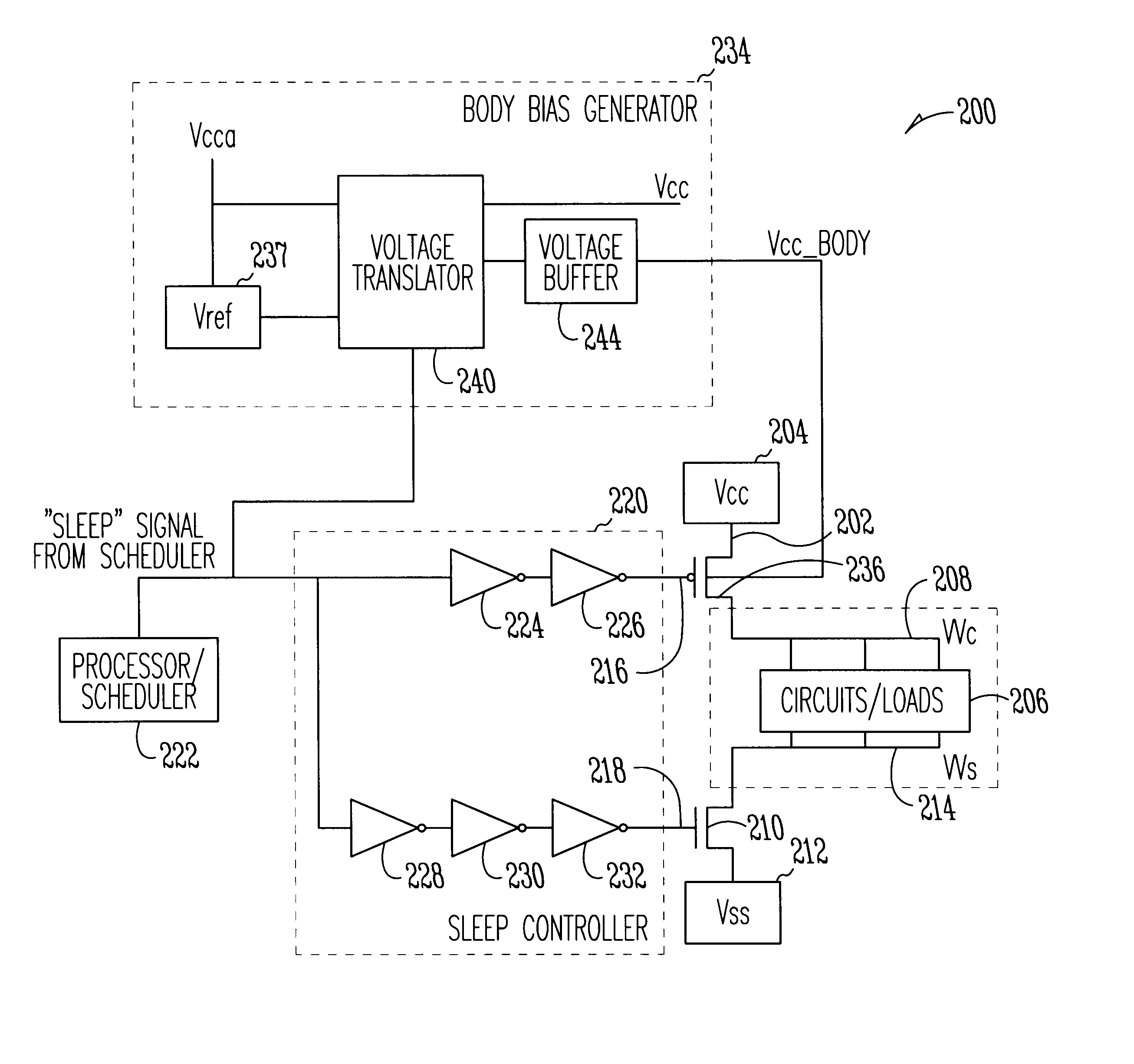 System using body-biased sleep transistors to reduce leakage power while minimizing performance penalties and noise