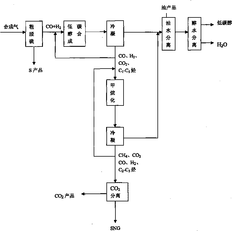 Sulfur tolerant catalyzing process for preparing low carbon alcohol from synthesis gas and co-producing natural gas