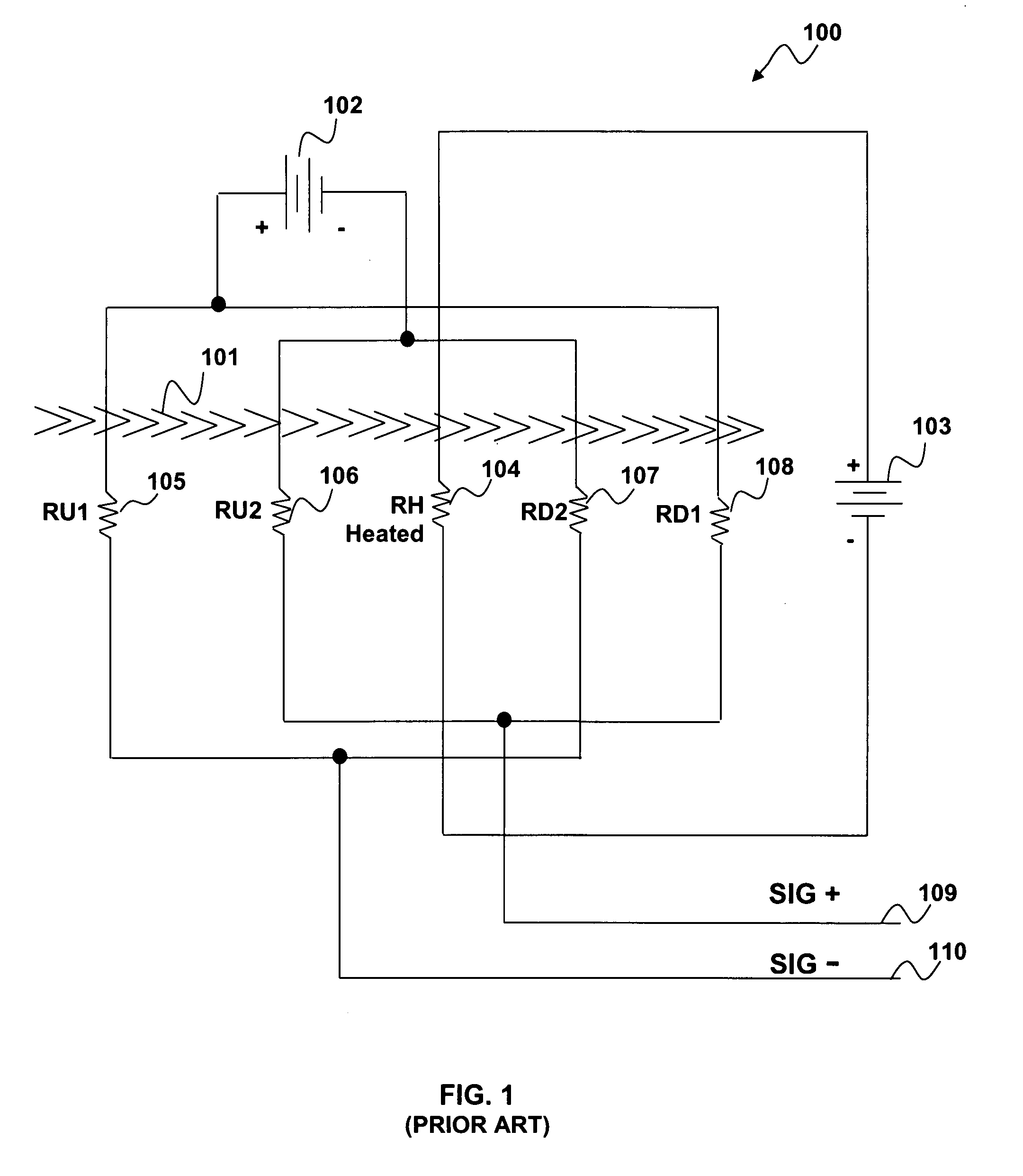 Mass airflow sensing system including resistive temperature sensors and a heating element